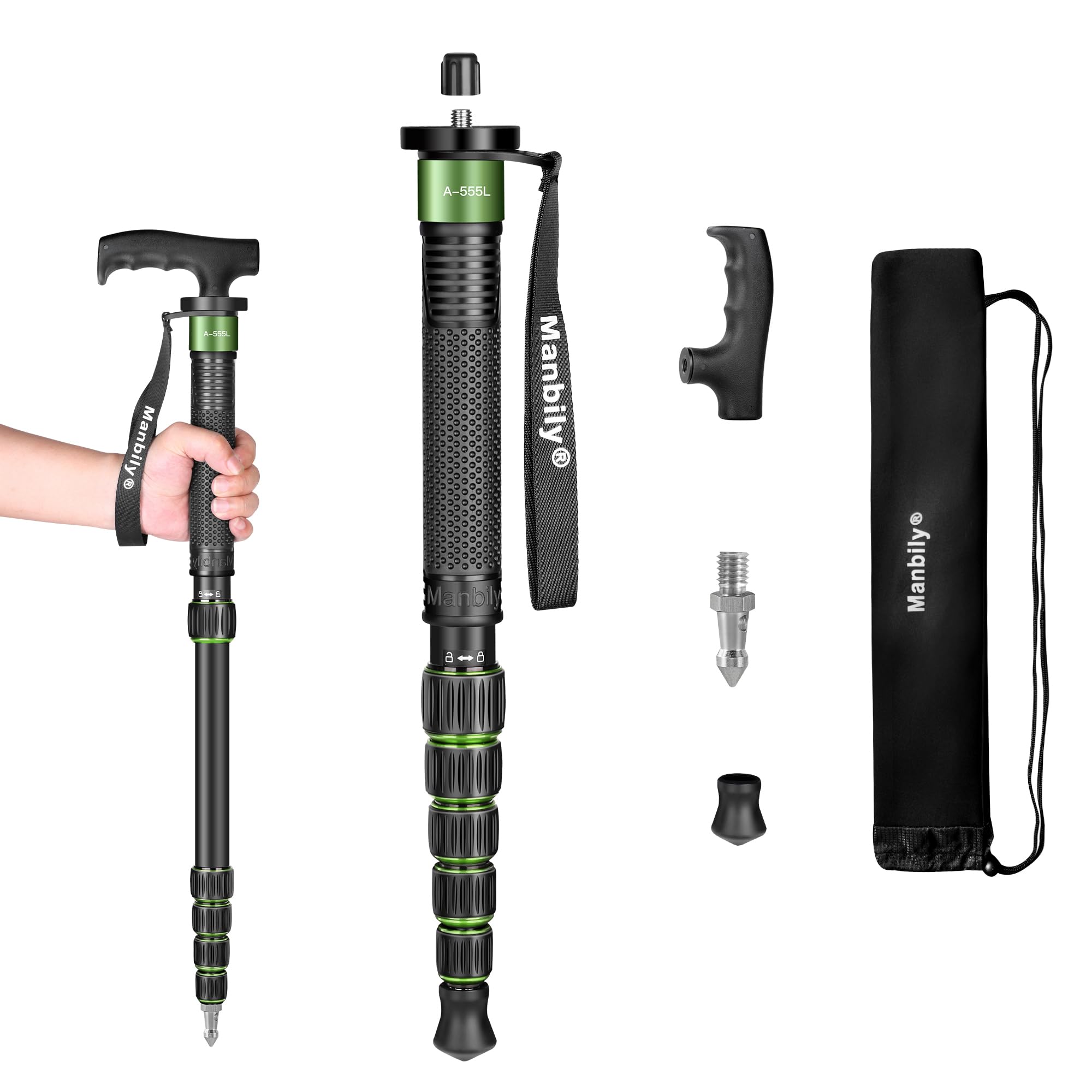 Manbily Einbeinstativ Kamera 168cm Wanderstöcke aus Aluminium Reise-Einbeinstativ Tragbar Kompakt Leicht mit Gehstockgriff, Tragetasche Belastbarkeit von 7KG für DSLR Kamera Videokamera (A-555L) Grün