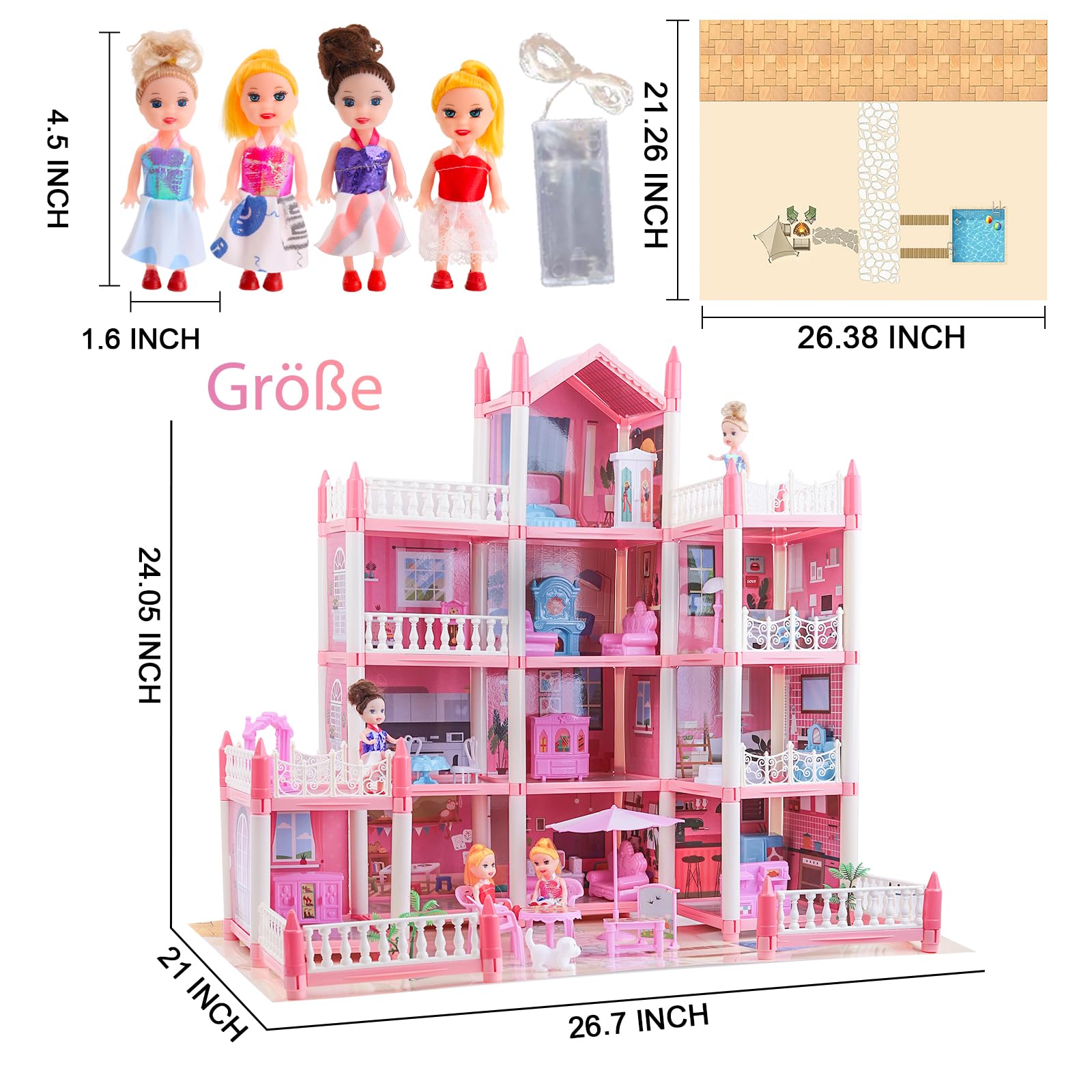 Großes Puppenhaus für Mädchen von 3–12 Jahren, 11 Zimmer, Puppenhaus mit Beleuchtung, Spielmatte, Puppen, Möbeln und umfangreichem Zubehör, Kinder