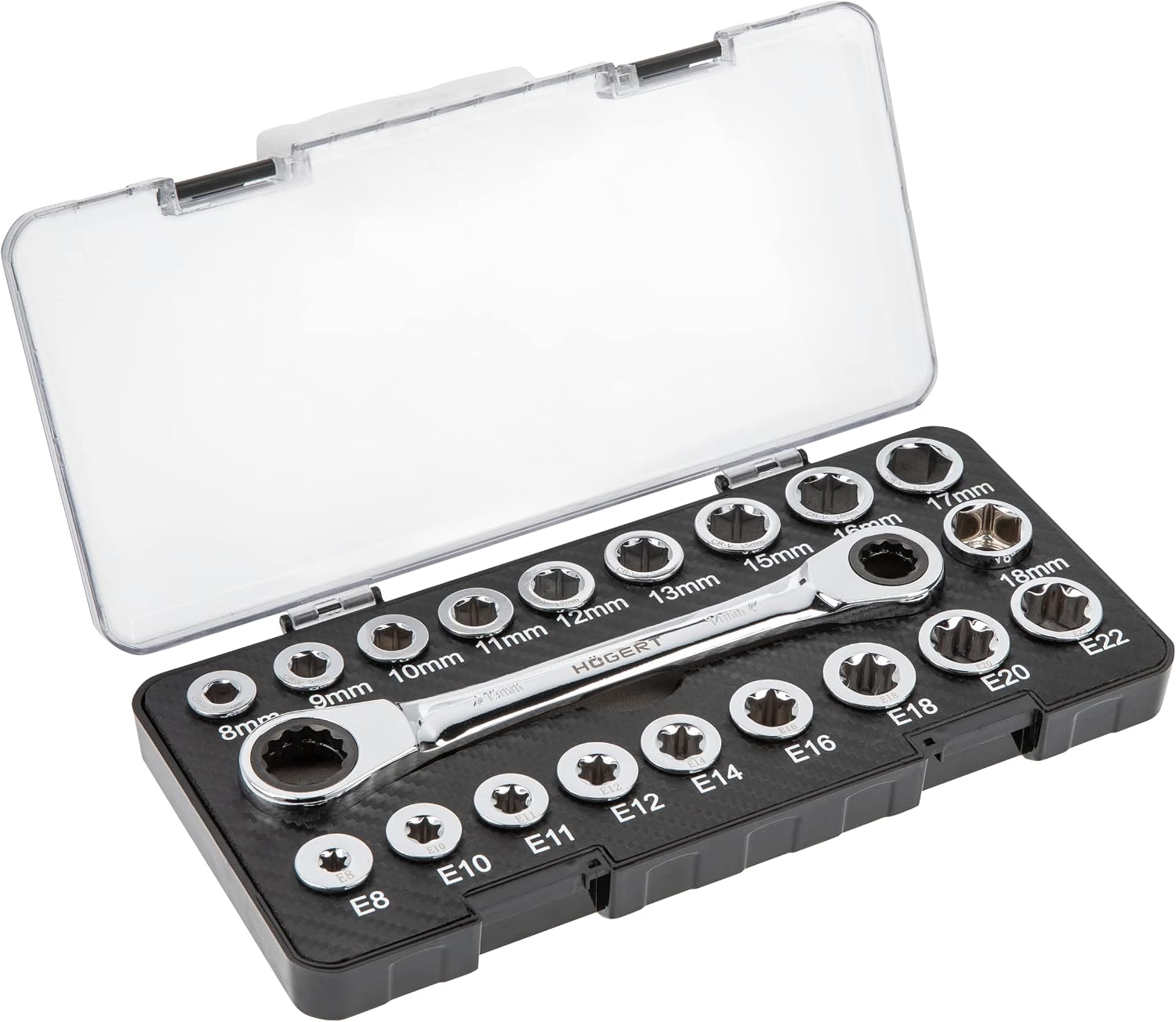 Högert Technik - Tool Set - Ratchet Ring Spanner with Socket Spanner Made of Chrome Vanadium Alloy Steel - Combination Spanner with Ratchet, hex Socket Wrench, TORX attachments