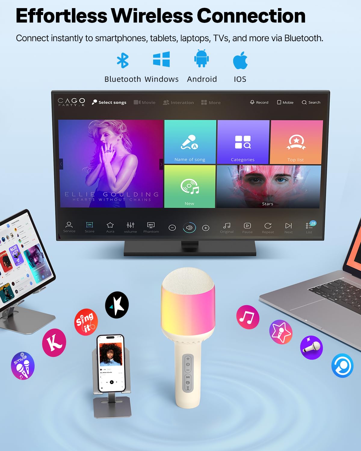 Micrófono de karaoke inalámbrico Bluetooth con luces dinámicas, micrófono de mano portátil, 6 efectos de sonido, batería de 10 horas, perfecto para niños cantando, fiestas en casa, dúo, idea de regalo 4