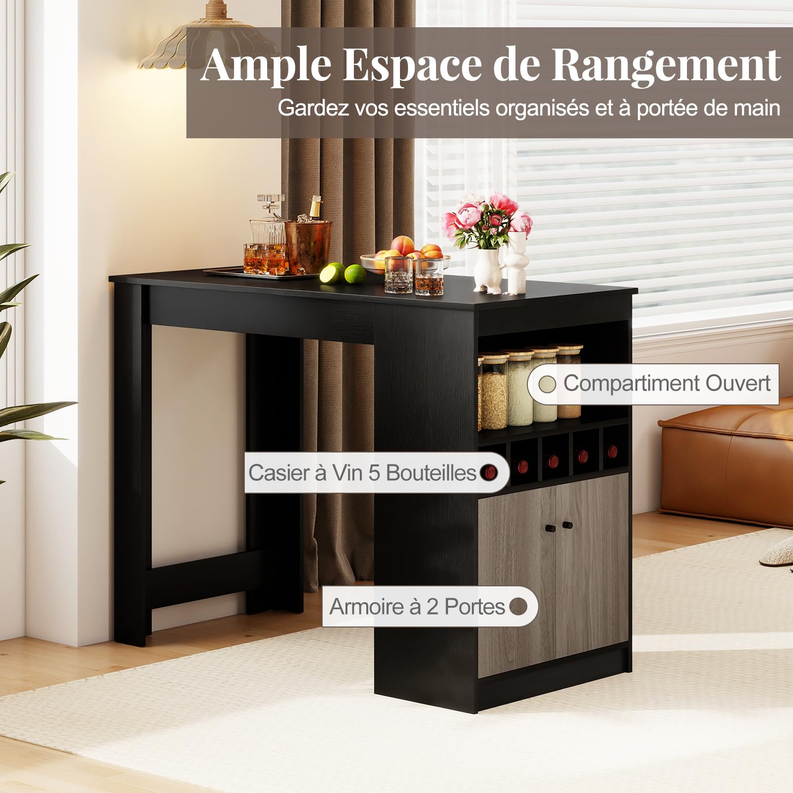 GIANTEX Table de Bar avec Rangement Latéral, Table Haute Cuisine, Casier à Vin, Compartiments Ouverts, Armoire Fermée avec Étagère Réglable, Mange Debout Cuisine pour Petits Espaces