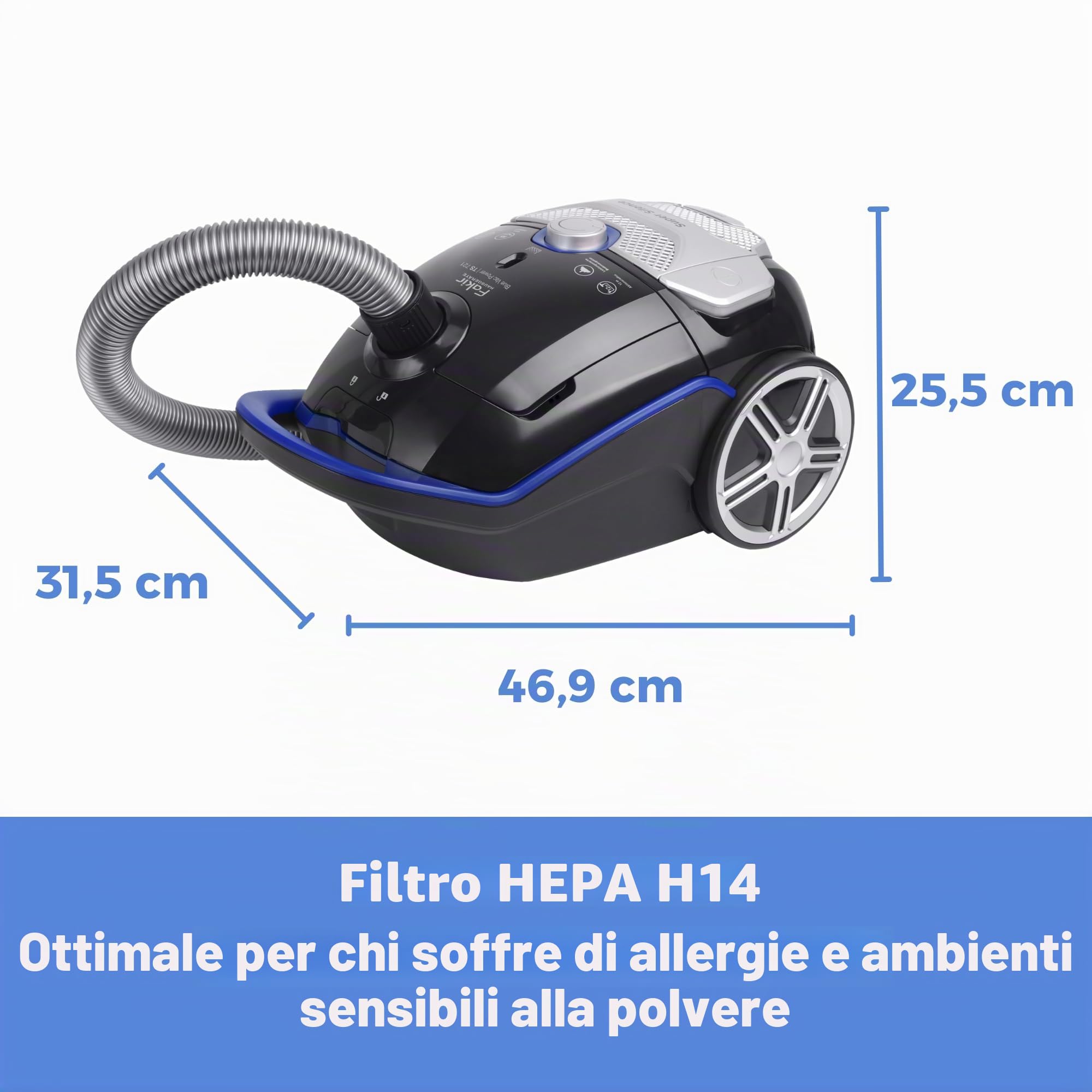 Fakir Blue Vac Power TS 721 - Aspirapolvere con sacchetto, 800 W, con cavo, filtro HEPA H14, motore ad alta efficienza da 69 dB(A), grande sacchetto da 3 l e raggio d'azione di 12 m, colore: Nero/Blu