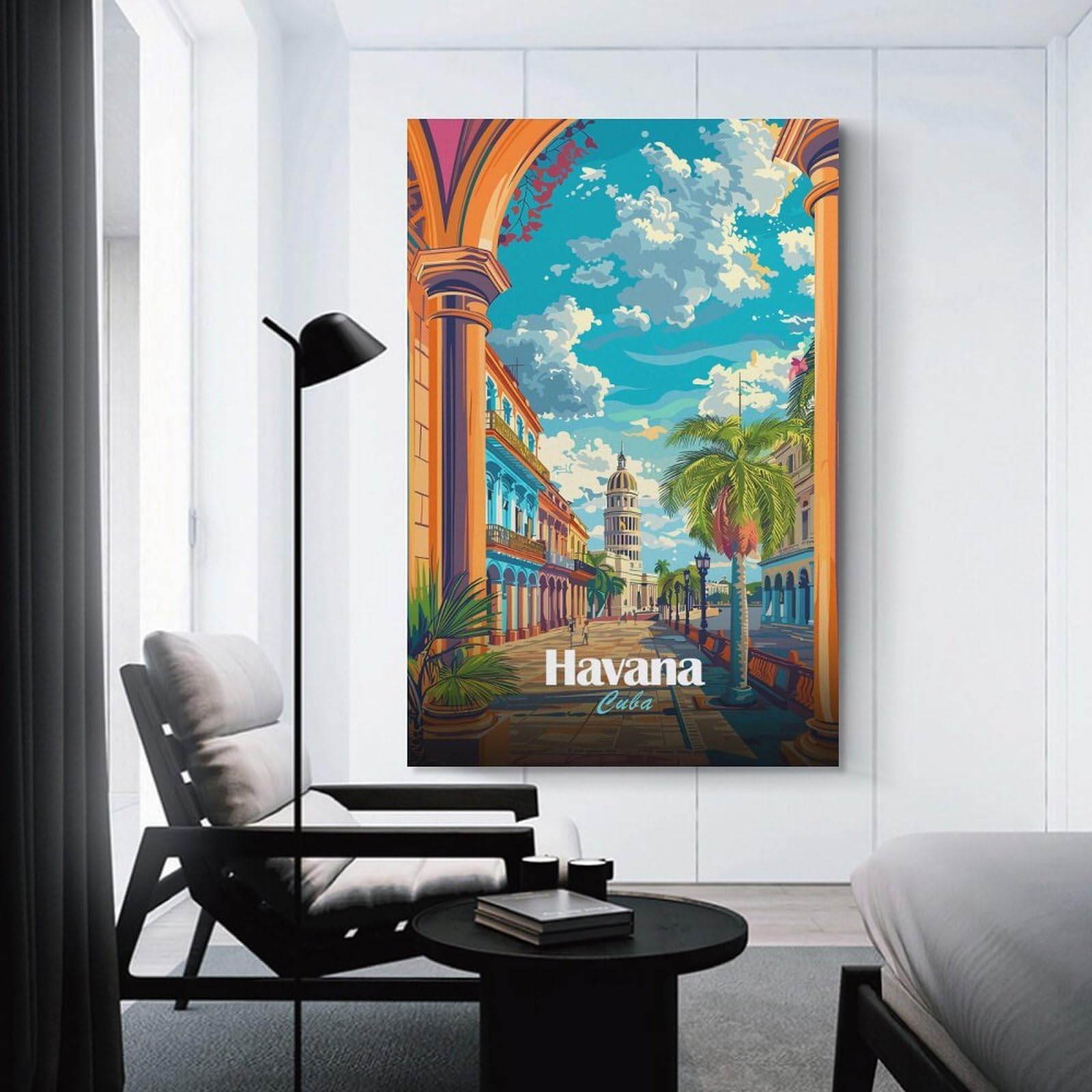 Junmoney Colorful Havana Cuba Cityscape Illustration Wall Picture Print 20x30inch(50x75cm), for Entrance Spaces, Stair Walls Or Halls, Decorative Canvas Styling for Entry Areas