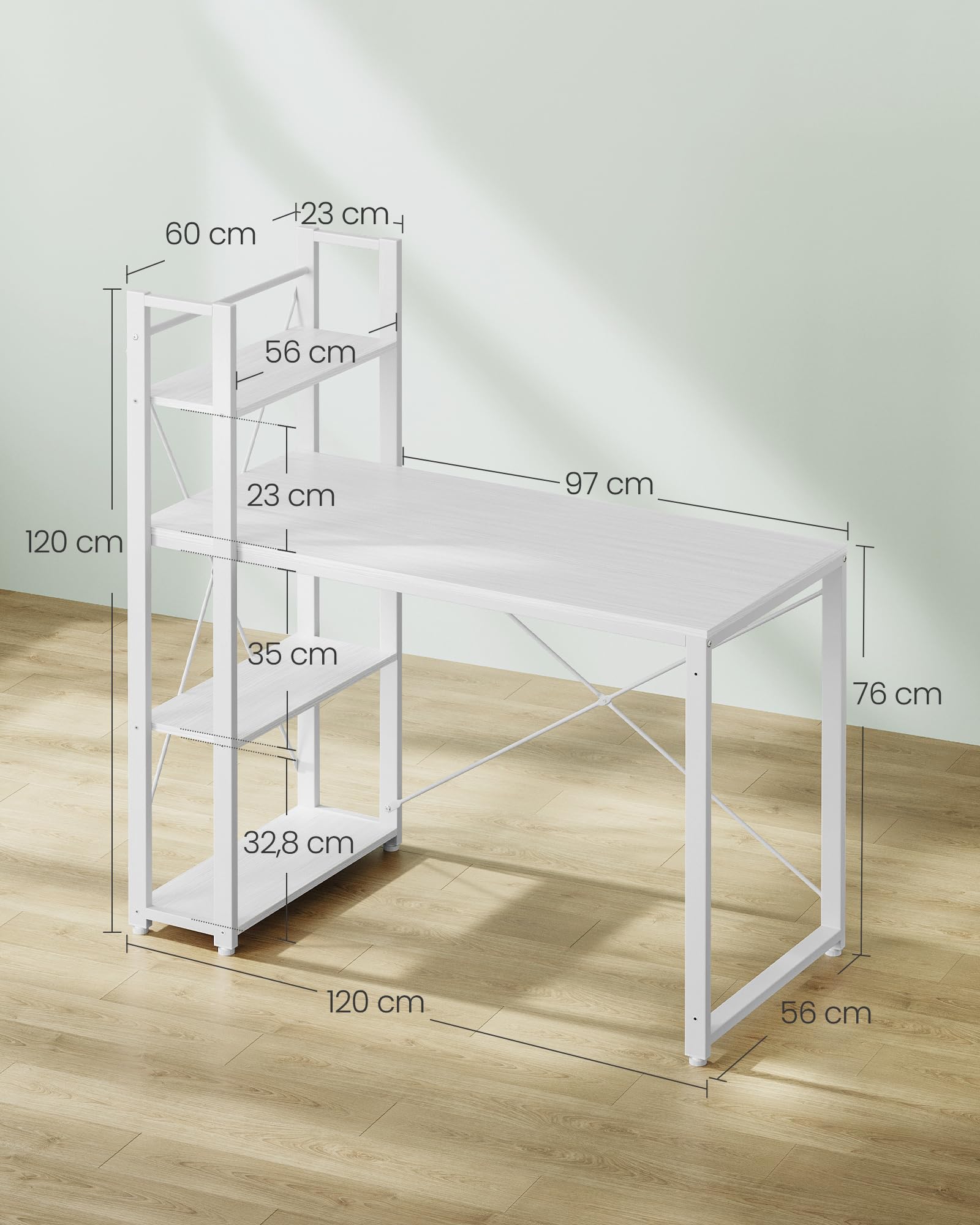 VASAGLE Scrivania con ripiani reversibili a sinistra o a destra, lunghezza 120 cm, tavolo da computer, per ufficio a casa, montaggio semplice, bianco acero LWD048W44