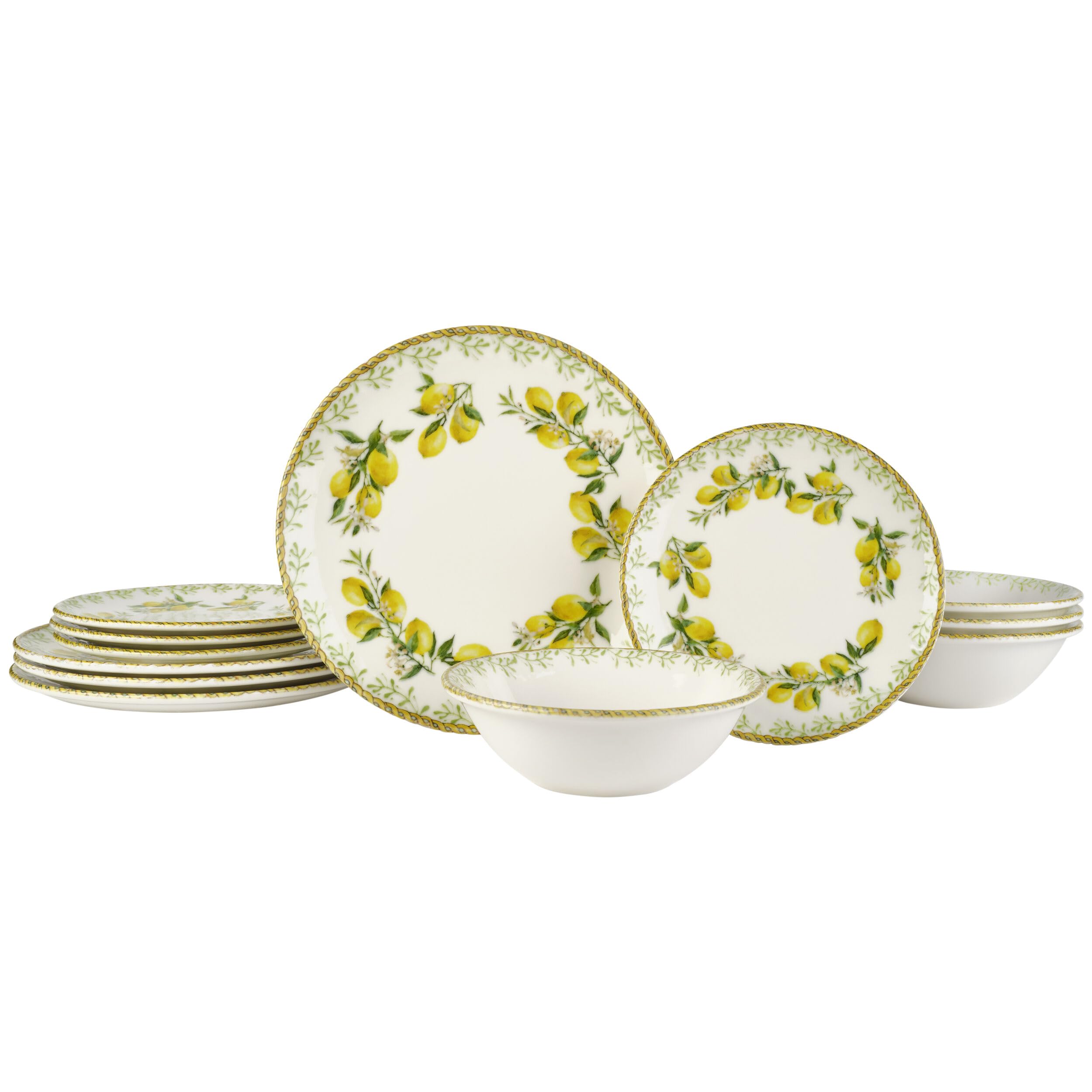 Lemon Grove Porcelain 12 Piece Dinnerware Plates Bowls Set for 4