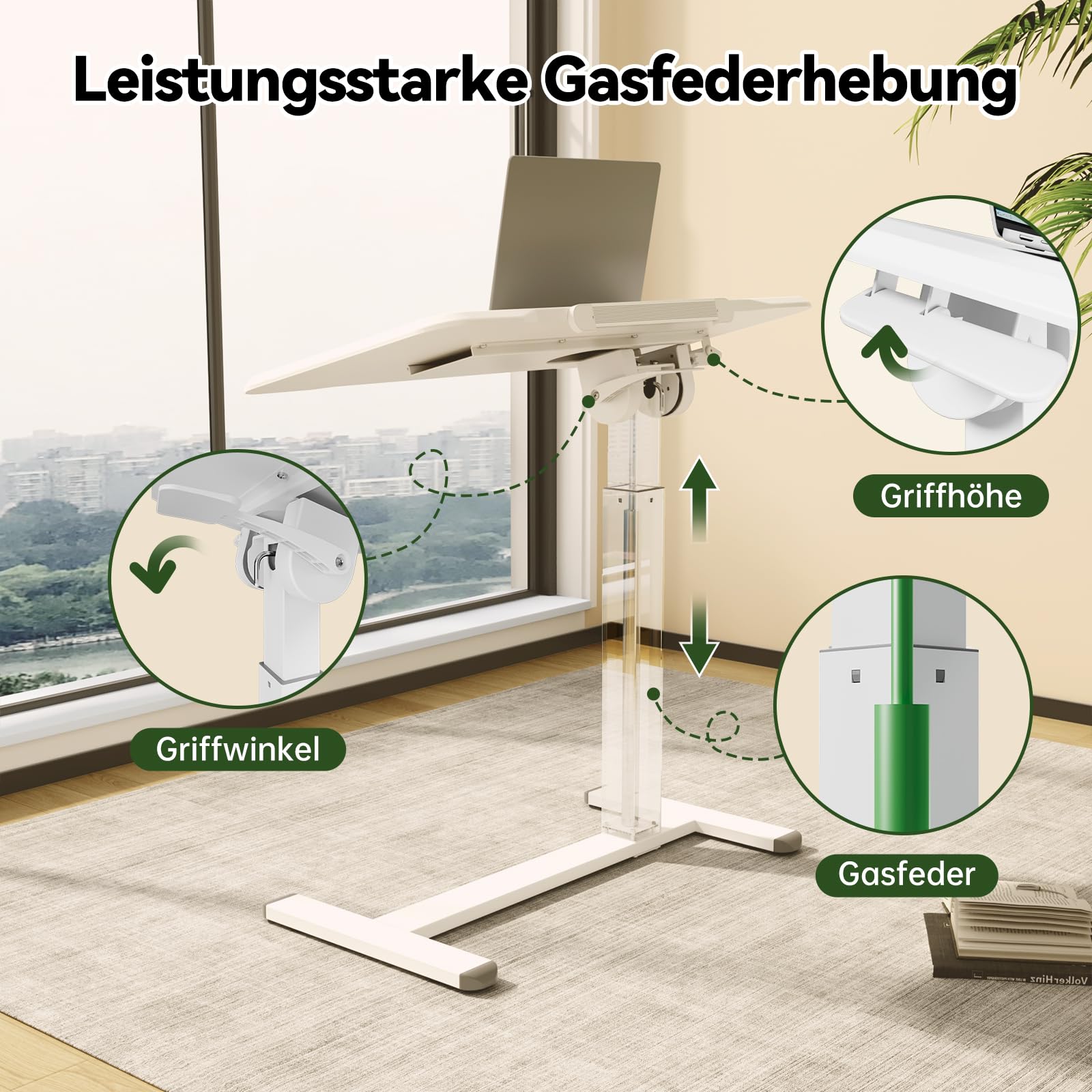 Gibbon Mounts 180° klappbarer höhenverstellbarer Beistelltisch mit Rollen | Weißer C-förmiger Laptoptisch m. 4 feststellbaren Rädern, beidseits klappbare Tischplatte, perfekt Beistelltisch & Couchtisch