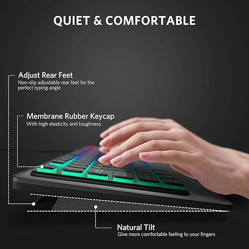 Miniatura 4 de Fiodio Teclado de membrana Rainbow para juegos, teclado silencioso de computadora con cable, 104 teclas silenciosas y 26 teclas anti-fantasma,