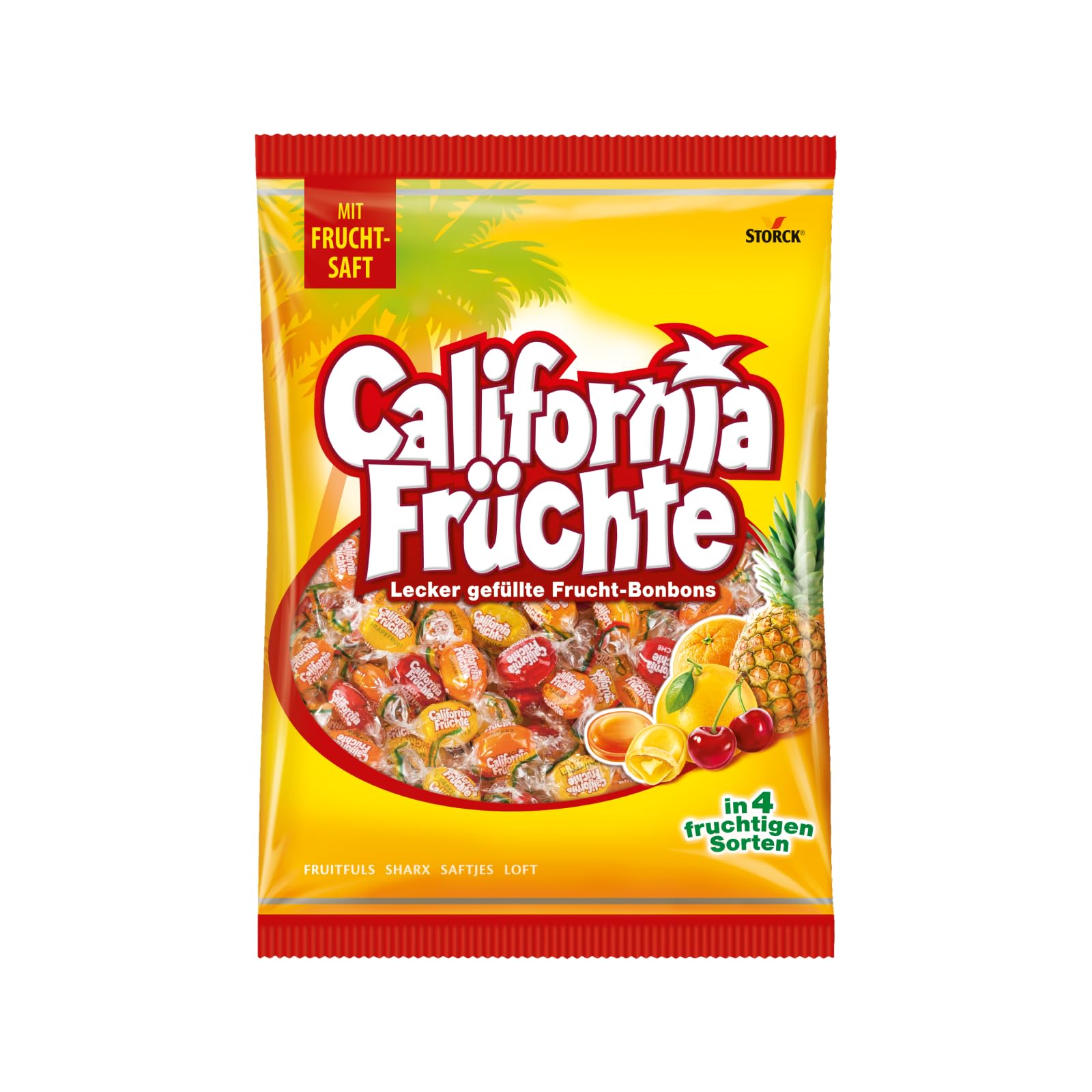 California Früchte – 1 x 1000g Vorratspackung – Gefüllte Bonbons mit Fruchtsaft – In vier verschiedenen Sorten