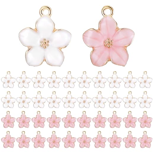 40 Pcs Gold Plated Enamel Cherry Blossoms Decor Small Flower Enamel Charms Cute Alloy Flower Pendants for DIY Crafts Bracelet Necklace Earrings Jewelry Making Findings Purse Keychains Handmade