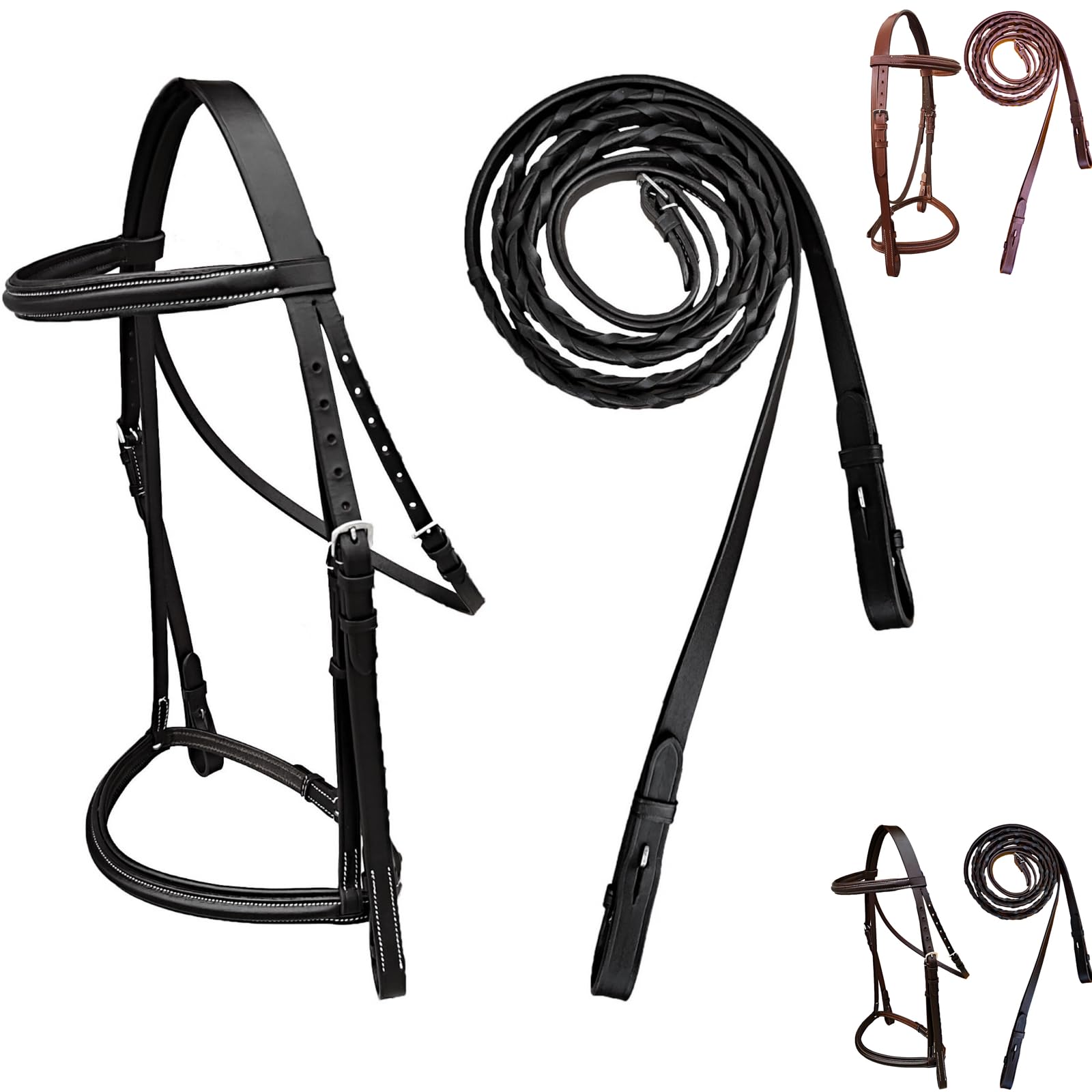 Majestic Ally Padded Raised English Bridle, Premium Leather, Matching Laced Reins (Black)