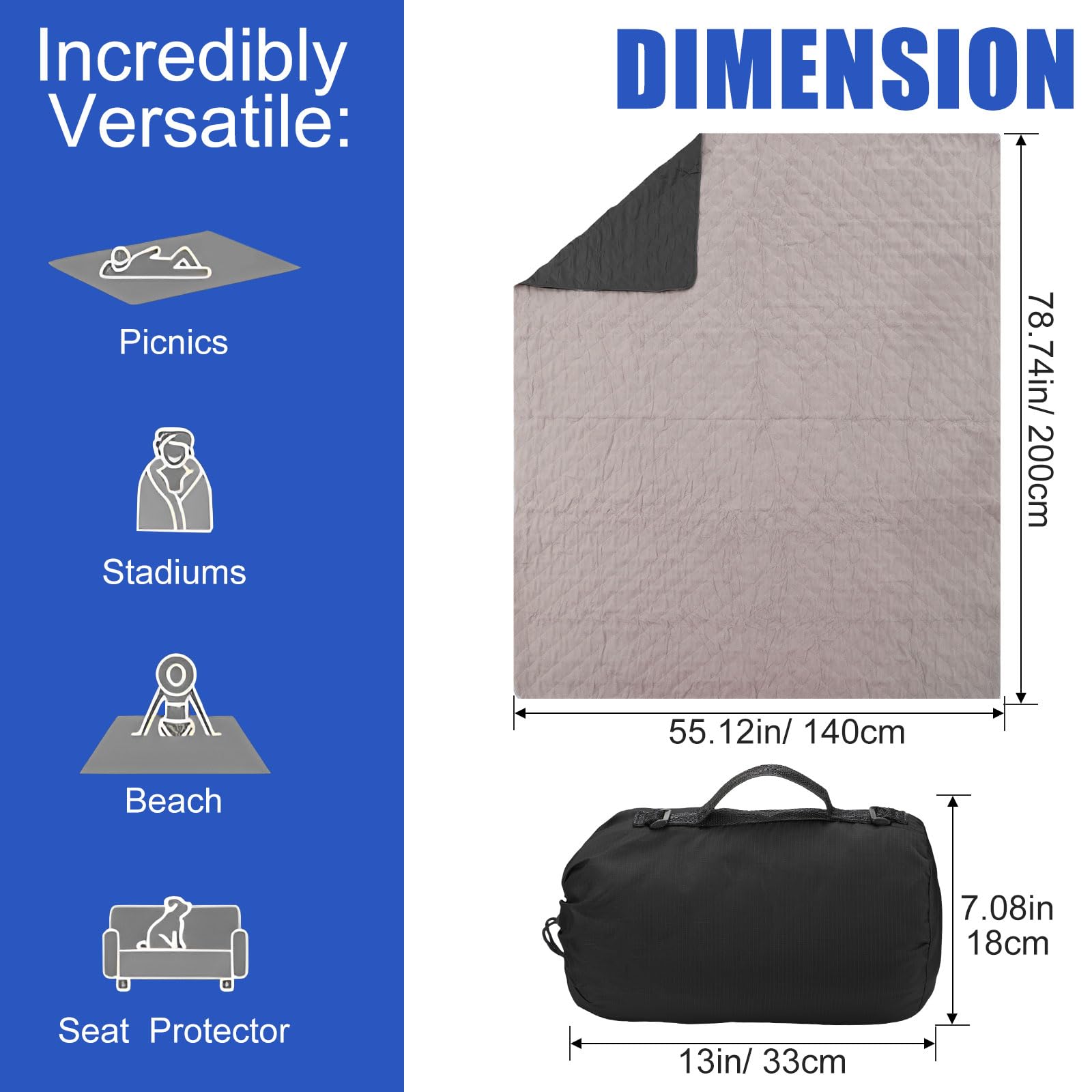 Tranqun 2 Large Outdoor Blanket 78'' x 55'' Quilted Windproof Waterproof Fleece Sandproof Stadium Foldable Warm Blanket for Camping Picnic Sporting Events Cold Weather (Black)