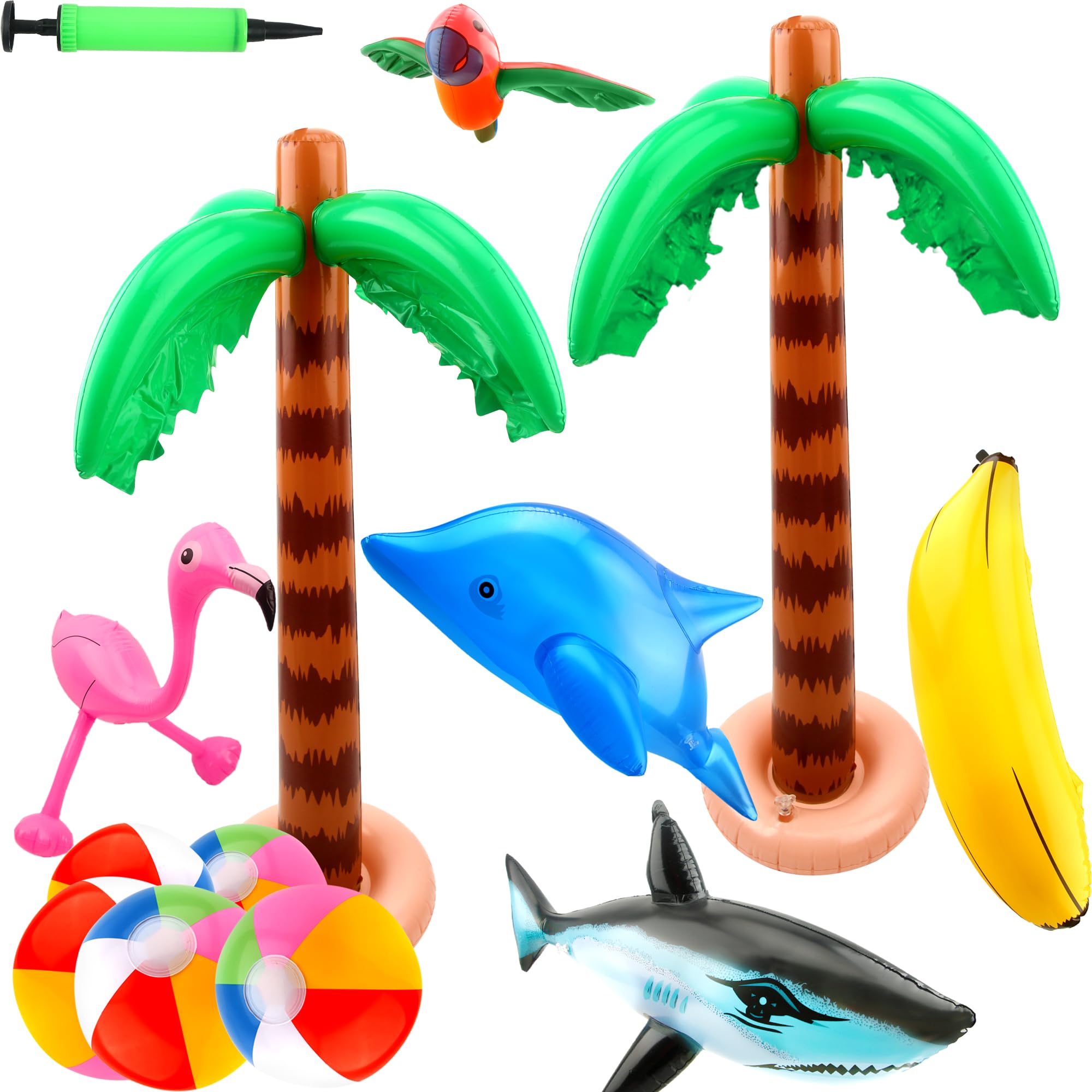18 Pcs Inflatable Palm Coconut Trees Beach Pool Toys Blow Up Flamingo Banana Beach Balls Shark Dolphin for Pool Party Themed Party Supplies Hawaiian Luau Tropical Summer Beach