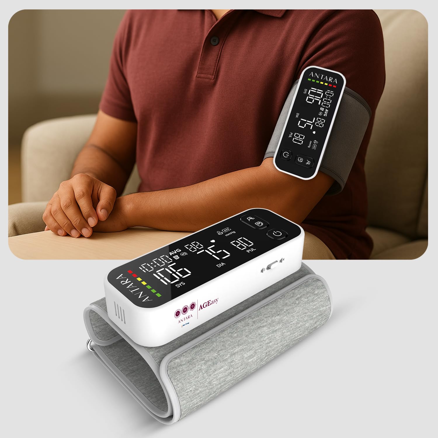 Antara AGEasy (Max Group) Fully Automatic Arm Blood Pressure Monitoring Device | BP Apparatus for Home | Portable Digital BP Check Machine for Hypertension & Managing Heart Health | Smart & Clear Display for Easy Reading (Arm BP Monitor (White)