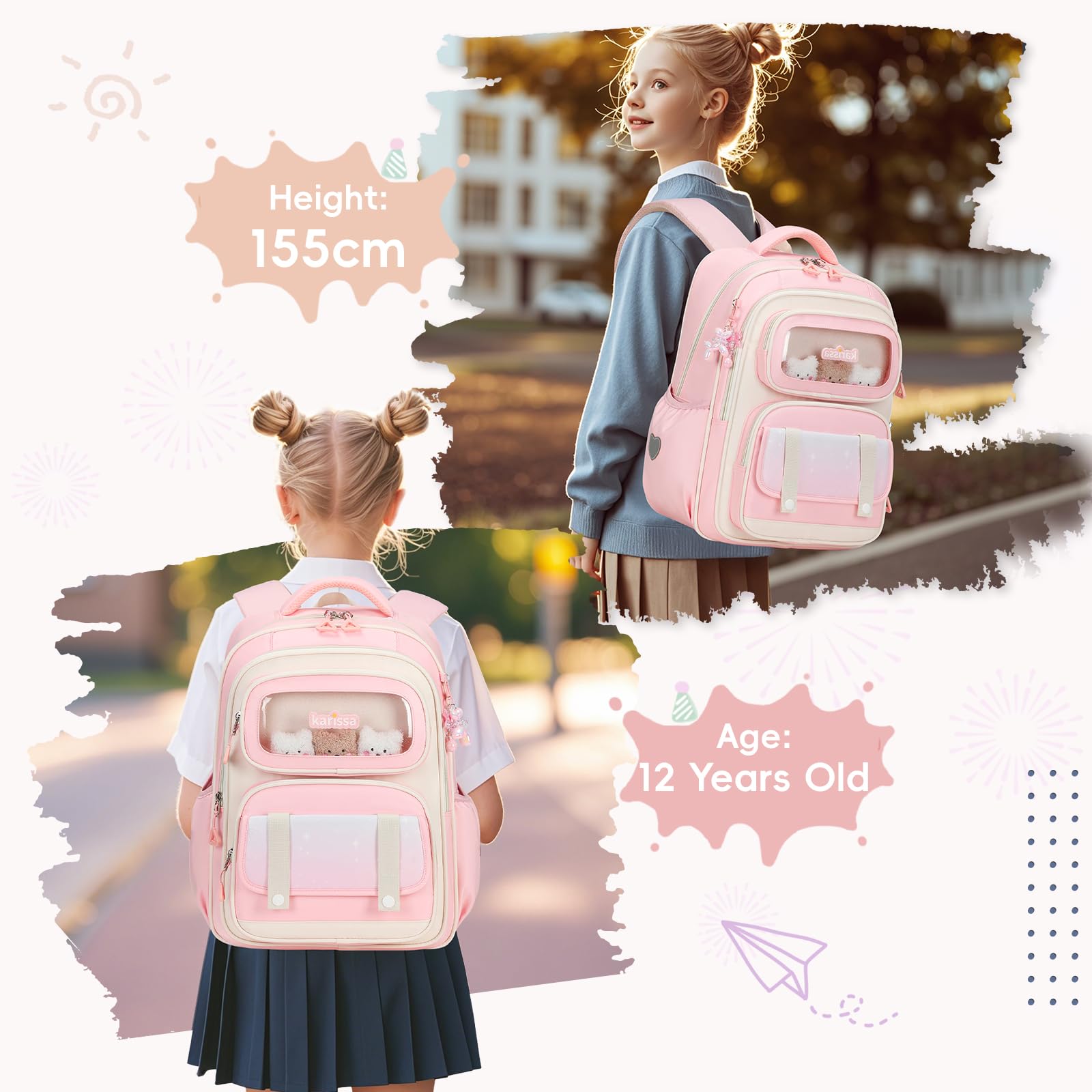 Tanou Cartable Primaire pour Filles, Sac à Dos Ergonomique pour Enfants du CP au CM2, Sac d'école Fille Primaire Décontracté avec Pendentif, 20 Litres, Rose