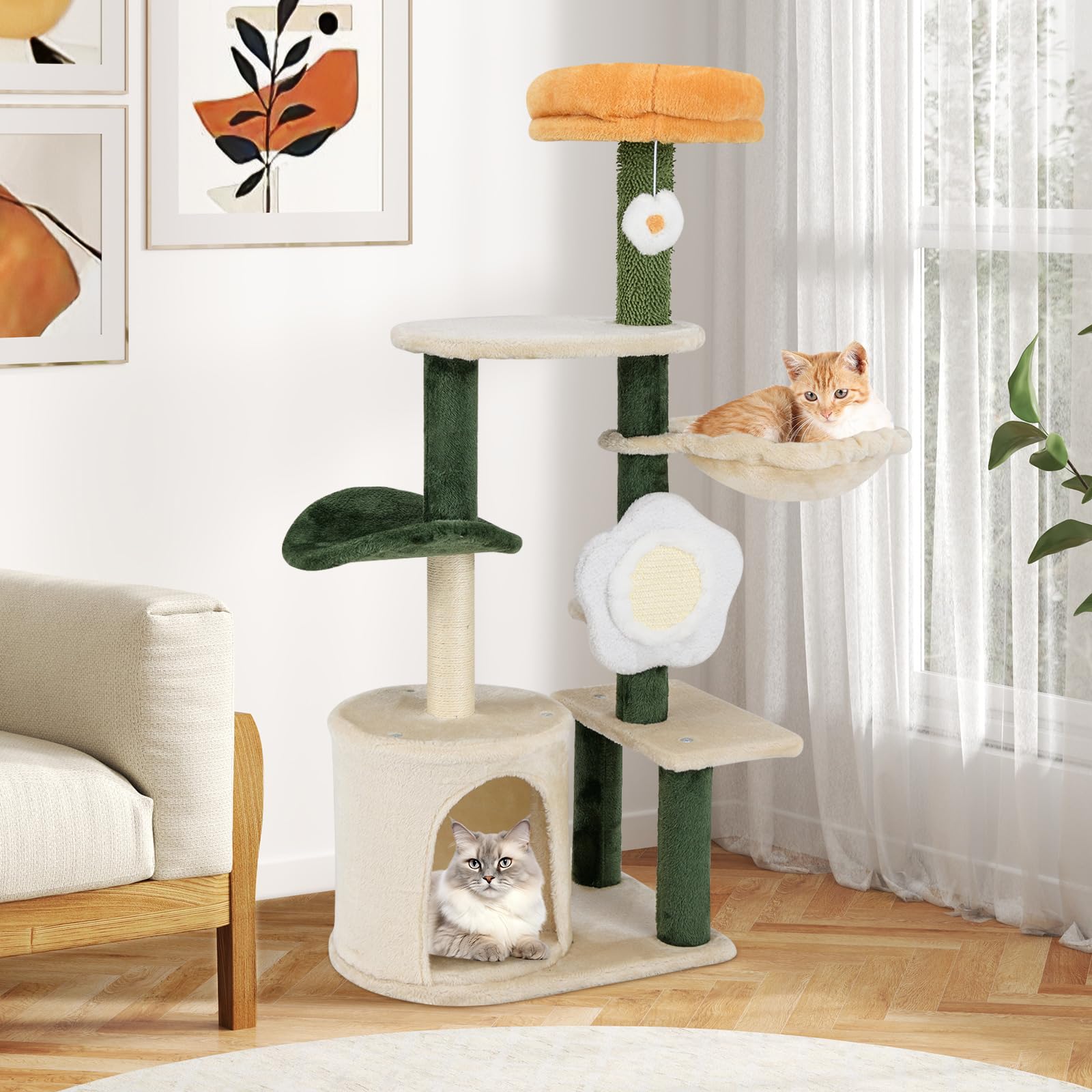COSTWAY Tiragraffi per Gatto Alto 114 cm Forma di Fiore, Albero Tiragraffi Gatto con Amaca, Grotta e Palla Pompon, Torre Tiragraffi per Gatti con Pali e Tavola in Sisal, Verde e Beige