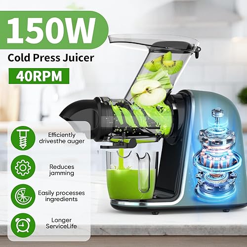 Miniatura 8 de COZII Exprimidor de prensa en frío, exprimidor de masticación lenta sin obstrucciones, modo suaveduro y motor silencioso, canal de alimentación