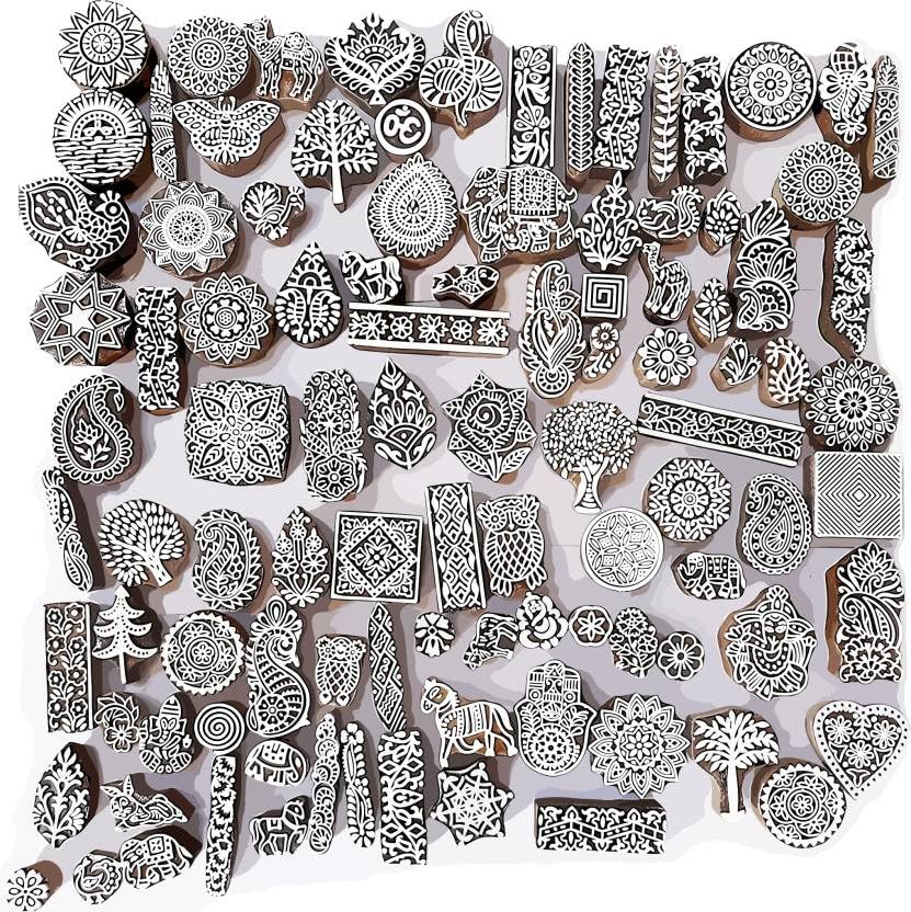 Image of Handmade Wooden Printing Blocks for Fabric, Paper & Clay Stamping - 10 pcs Hand Carved Indian Block Stamp Set for Crafts, Scrapbooking, Textile & DIY Projects
