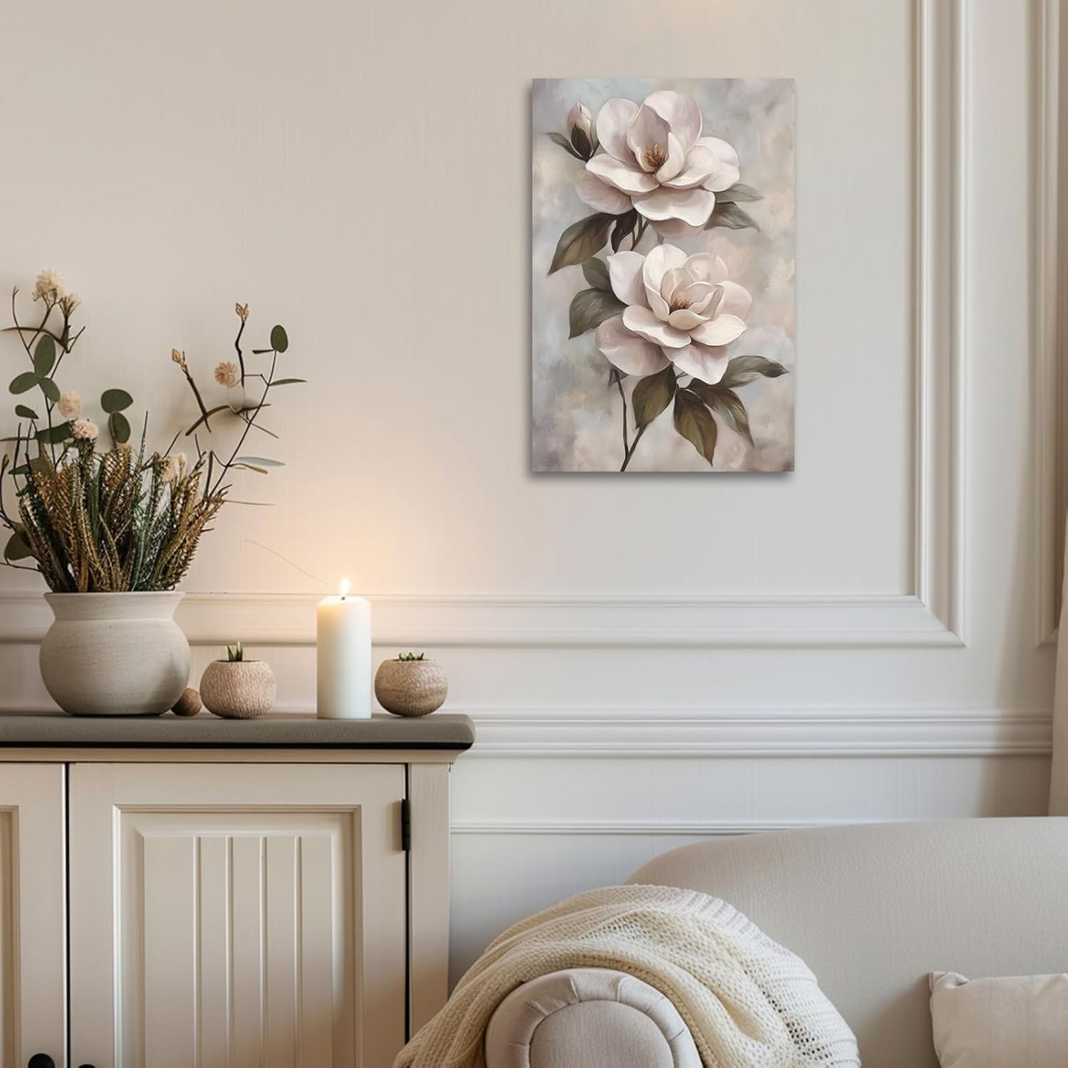 PBXBJY Magnolia Flower Canvas Wall Art Vintage Floral Painting Rustic Picture Print Light Pink Flowers on Grey Background Poster Plants Bathroom Bedroom Decor (12.00" x 18.00")