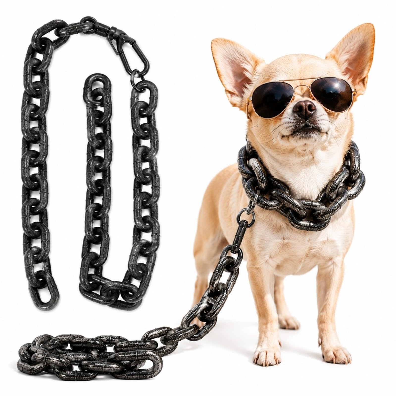 Faux Iron Dog Chain Lead 1.5m, Lightweight Plastic Big Chain Leash for Small Dogs and Cats, Funny Pet Photo Prop, Heavy Look Costume Accessory for Chihuahua, Yorkie, Puppy, Black (A-1.5m)