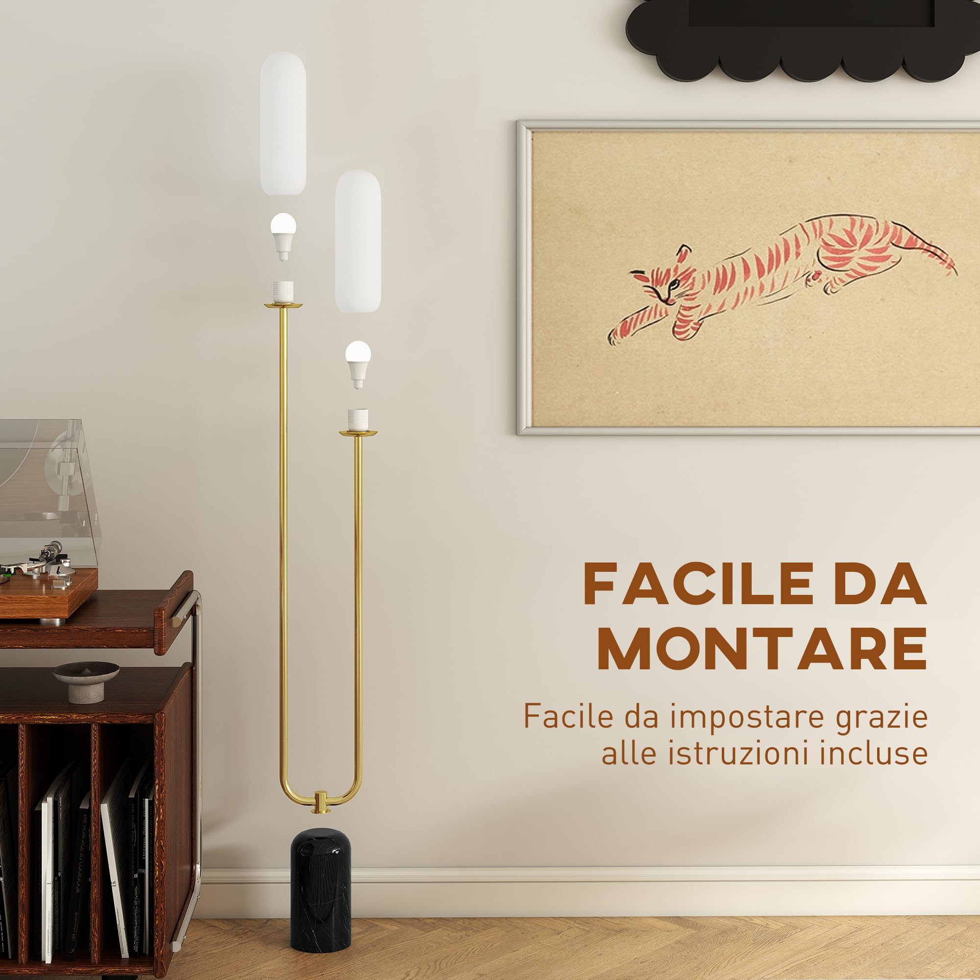 HOMCOM Lampada da Terra a U con 2 Luci e Interruttore a Pedale, Lampada a Piantana in Vetro e Acciaio con Base in Marmo, 26x12x150 cm, Bianco Nero e Oro