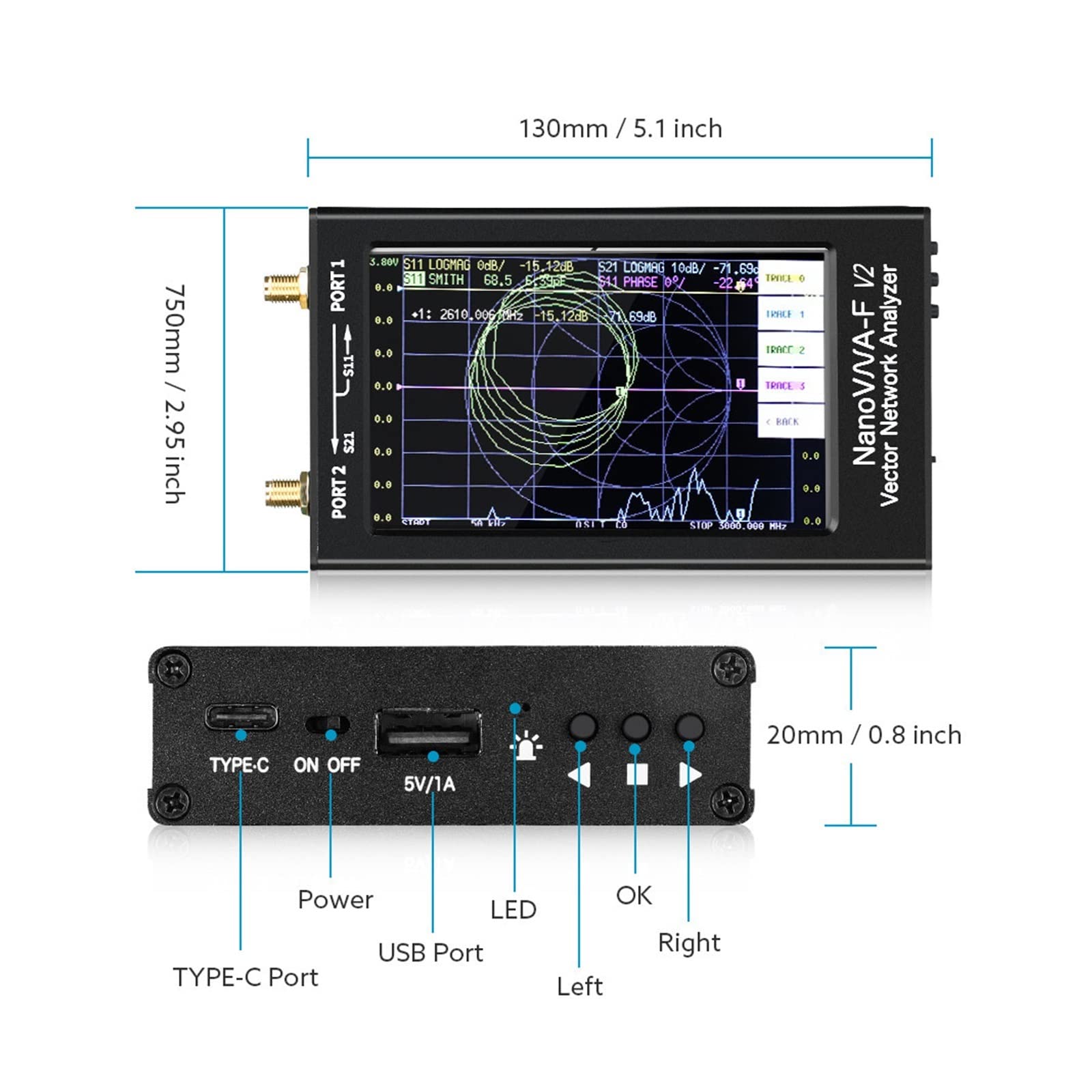 Analizador de red vectorial V2 Pantalla LCD IPS de 4,3 pulgadas Analizador de antena de 50 KHz-3 GHz Onda corta HF VHF UHF(NanoVNA-F)