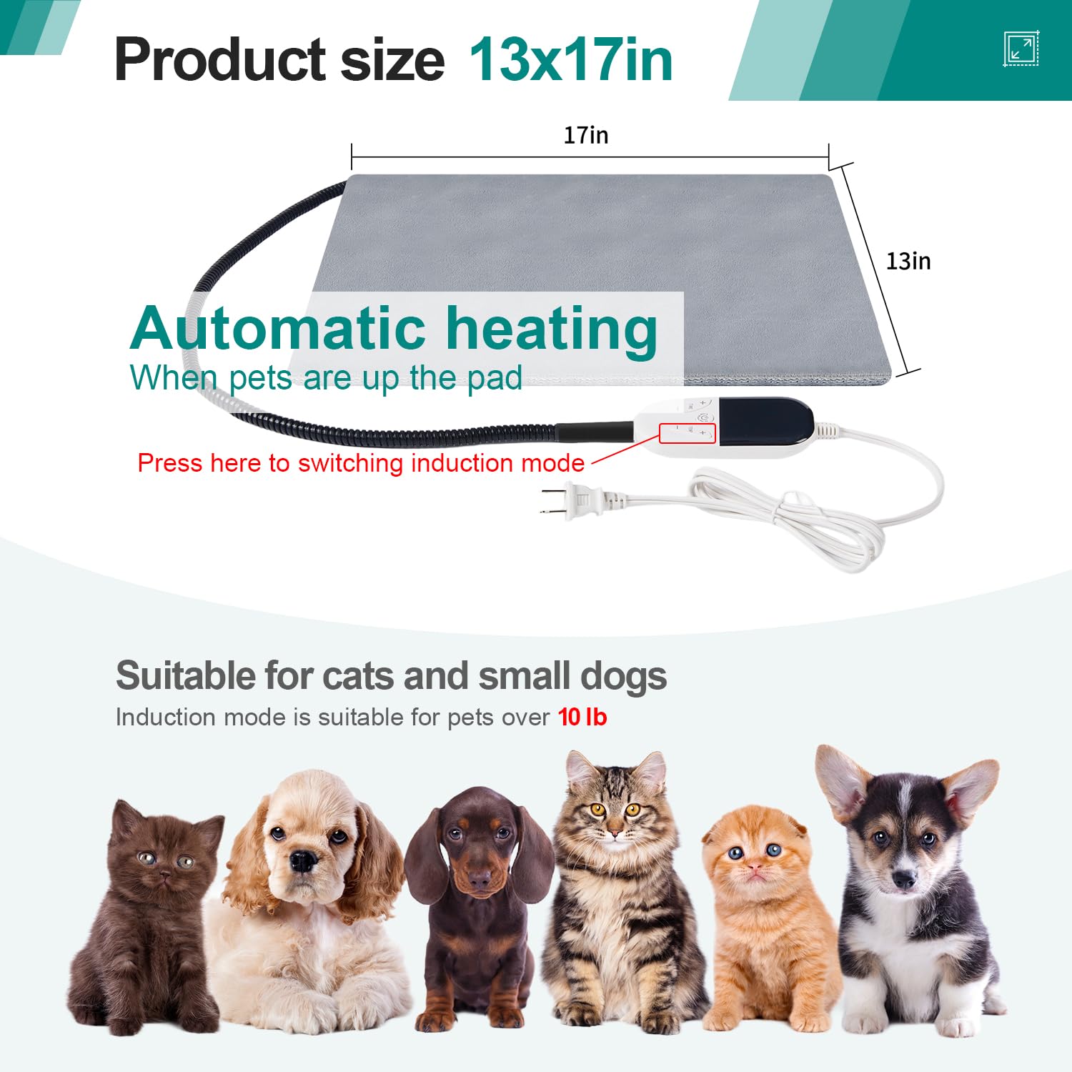 Smart Cat Heating Pad with Pressure Activated – Temperature Adjustable Heated Dog Bed with Timer - 13x17 inches - 30W - Pressure Activated Work for Pets Over 10 lbs