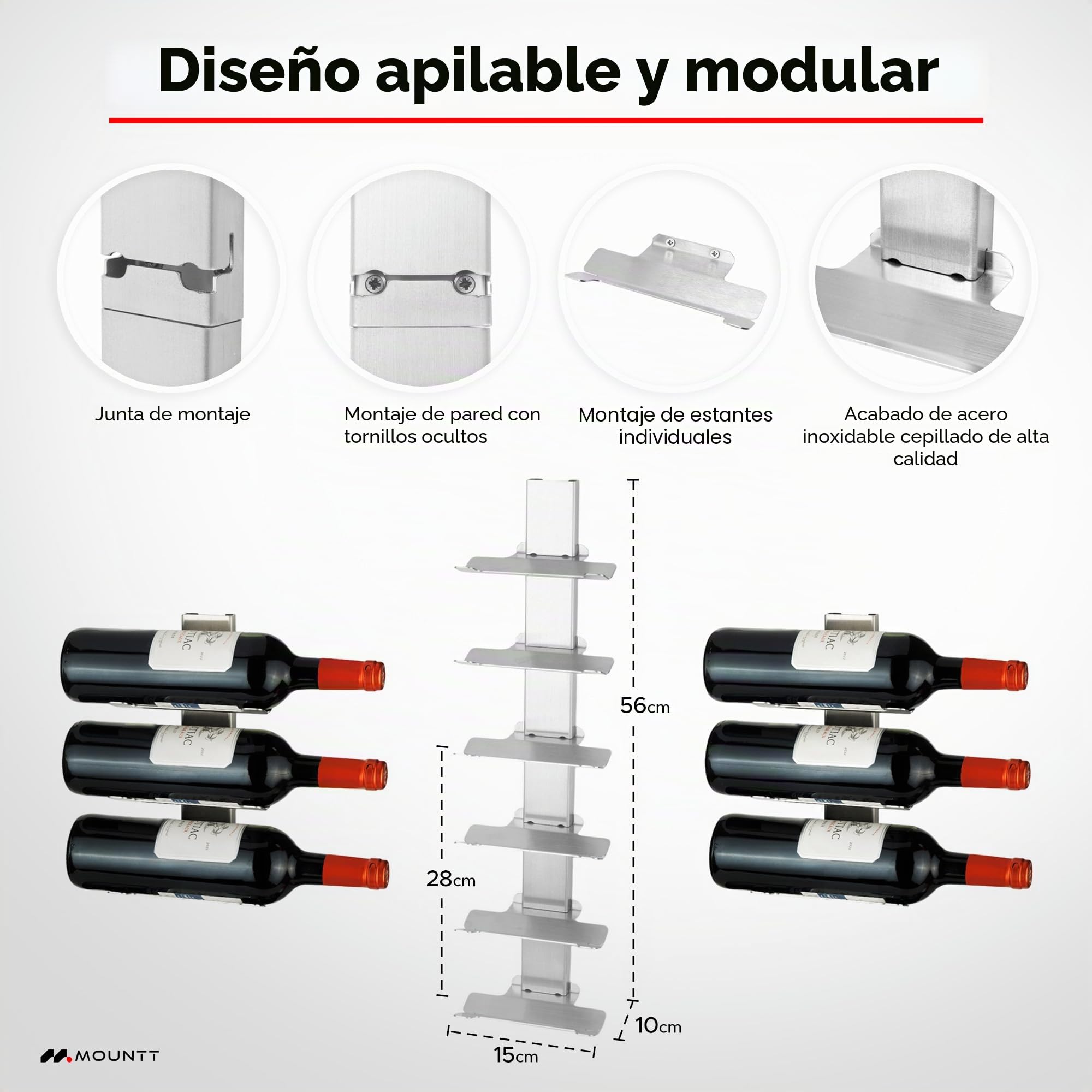 Estante de vino de acero inoxidable montado en la pared, solución de almacenamiento de vino para 6 botellas con diseño desmontable y diseño flotante moderno, soporte para botellas de vino