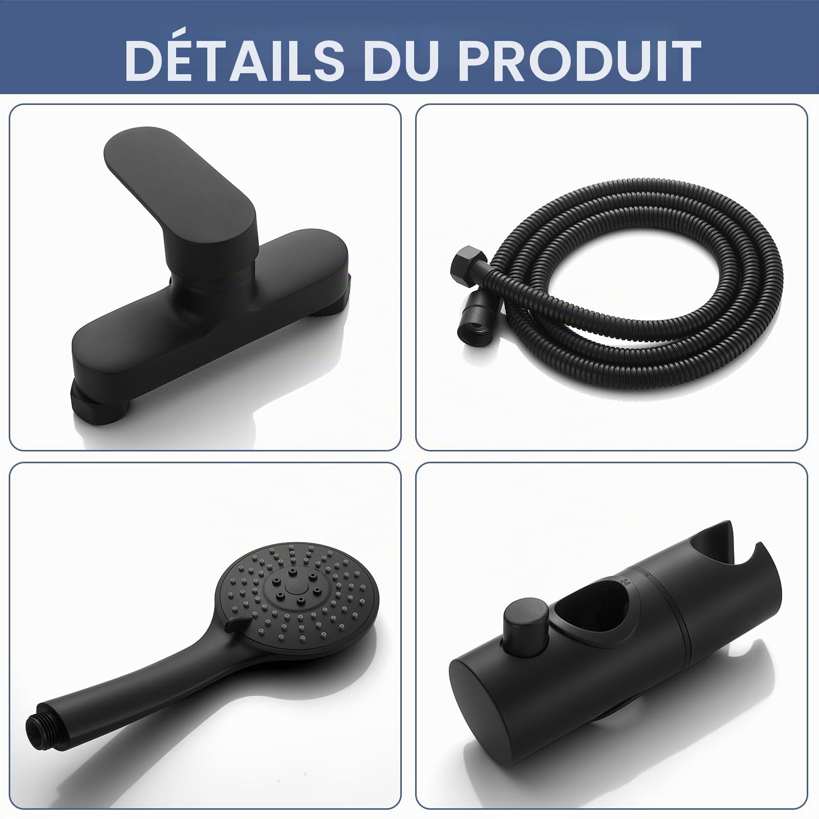 Mitigeur Monocommande Douche Noir, Robinet Mitigeur de Douche Mural avec Barre de Douche RéGlable 635mm, Douchette à Main, Flexible 150mm