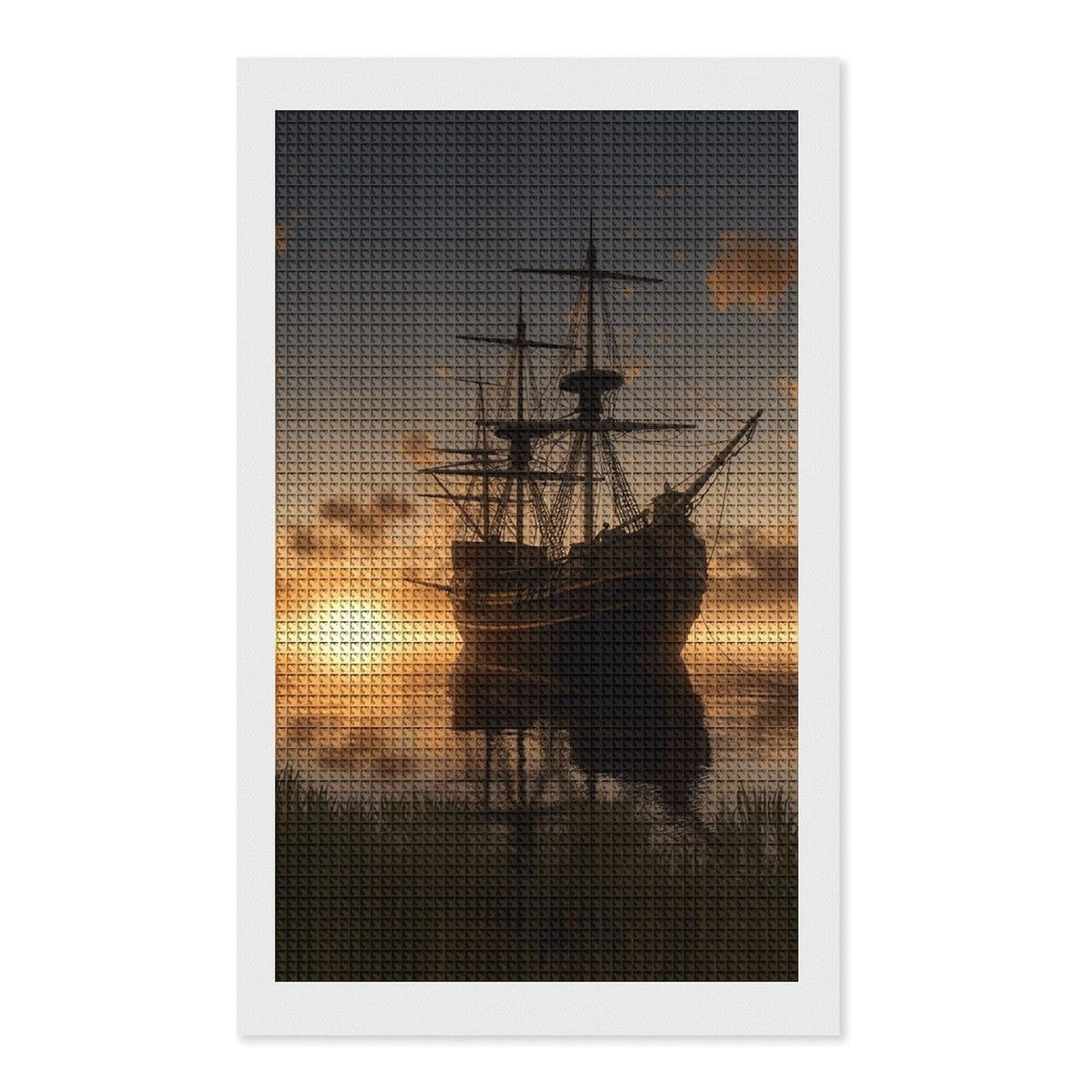 Ship in The Lake Sunset Diamond Art Kits for Adults, DIY 5D Diamonds Painting Kits for Beginner, Round Full Drill Diamond Dots Painting, 12"x20" Diamonds Pictures Gem Art and Crafts Wall Decor