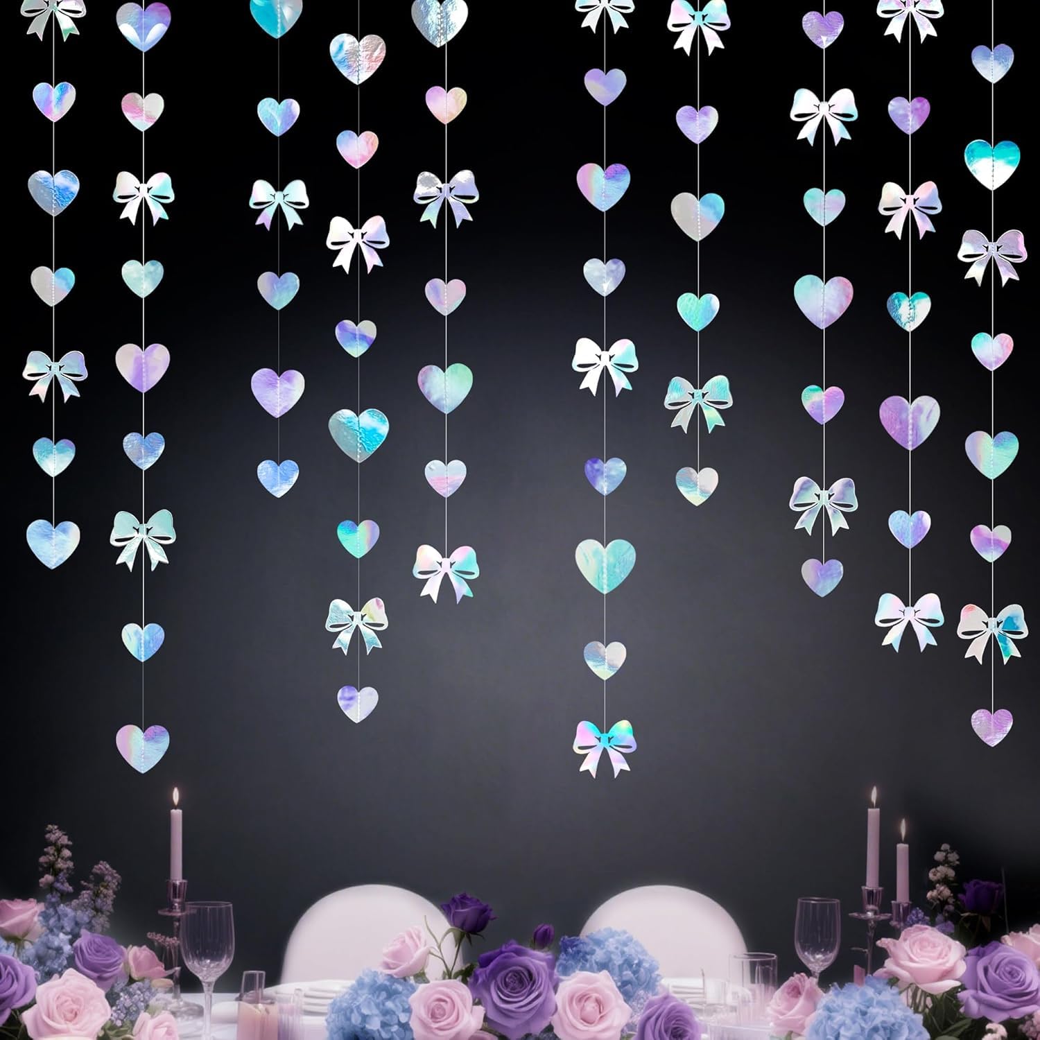 39Ft Iridescent Bow Heart Garland Iridescent Holographic Paper Hanging Streamer Backdrop for Coquette Birthday Wedding Baby Bridal Shower Anniversary Bachelorette Engagement Valentine's Day Decor