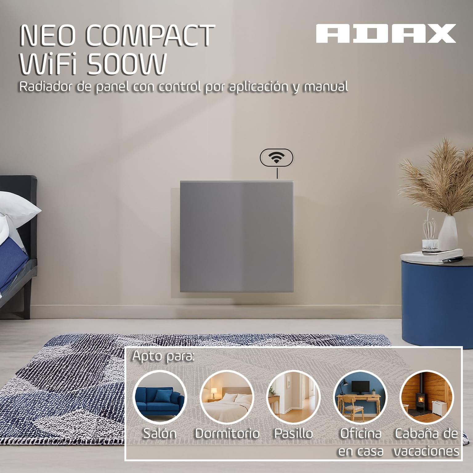 ADAX NEO Compact - Convector de pared con termostato por Wifi - 500W | Bajo consumo | Calefacción eficiente y segura | Radiador eléctrico moderno y elegante | 420mm de altura | IP24C | Gris