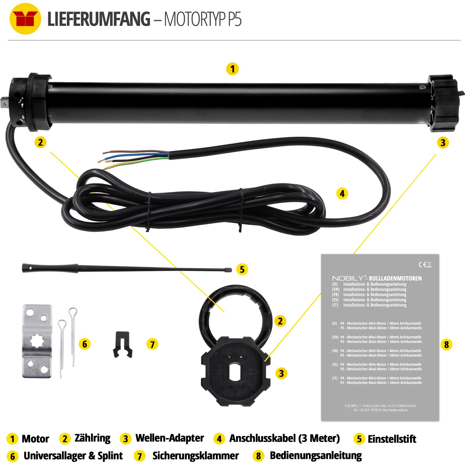 Rollladen-Komplett-Set Mit Funkmotor 20Nm – Für Achtkantwelle 60mm, Bis 2m Länge