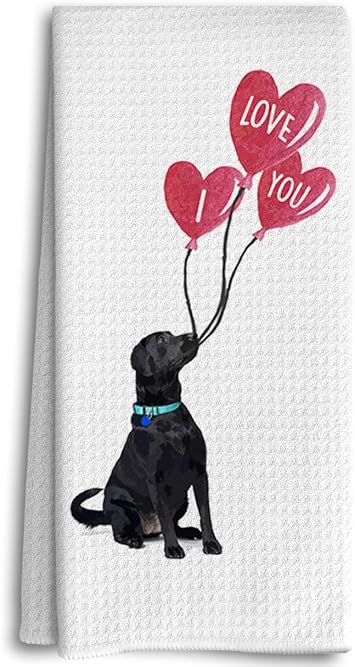 Labrador Kitchen Towels - Valentines Day Hand Towels, Black Labrador Retriever Gifts, I Love You Dog Bathroom Kitchen Decor, Valentine Dish Towels
