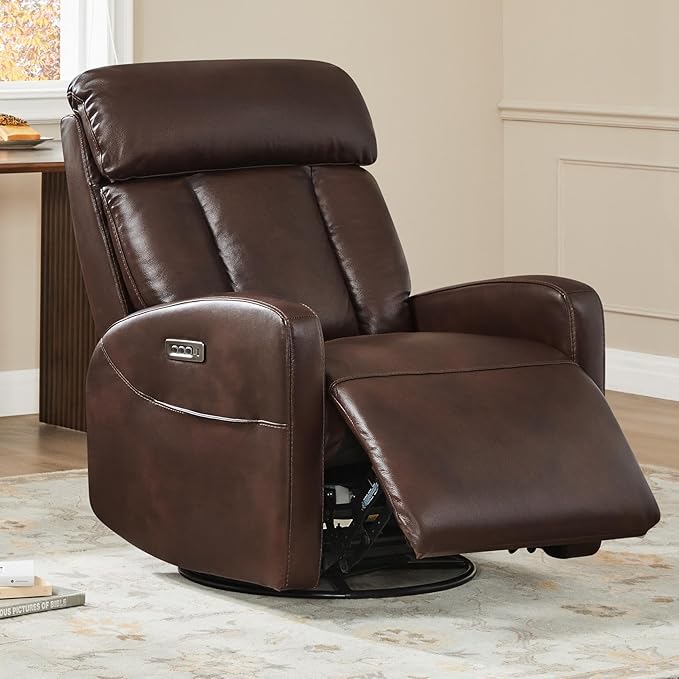 CHITA Leather Power Swivel Recliner Chair for Adults, Triple Motor Electric Rocker Recliner for Living Room with Adjustable Headrest and Lumbar Support, USB & Type-C Charging Ports, Cognac Brown