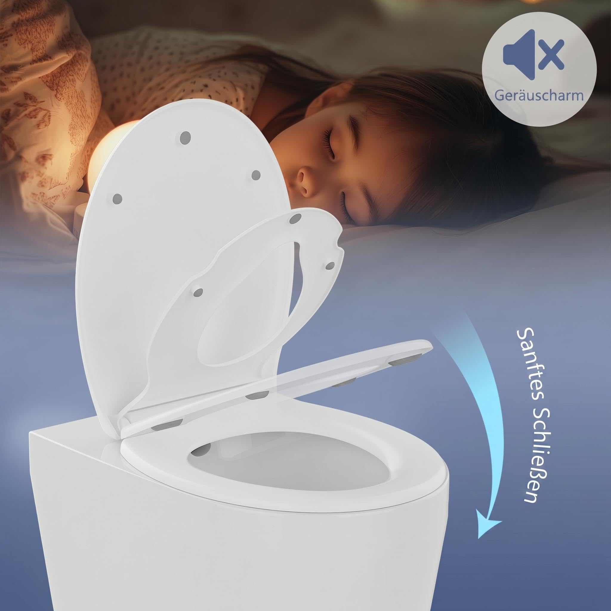 Copriwater con seggiolino per bambini, abbassamento automatico, sedile WC con funzione Quick Release e cerniere regolabili, coperchio WC in UF Duroplast, lungo a forma di O, bianco