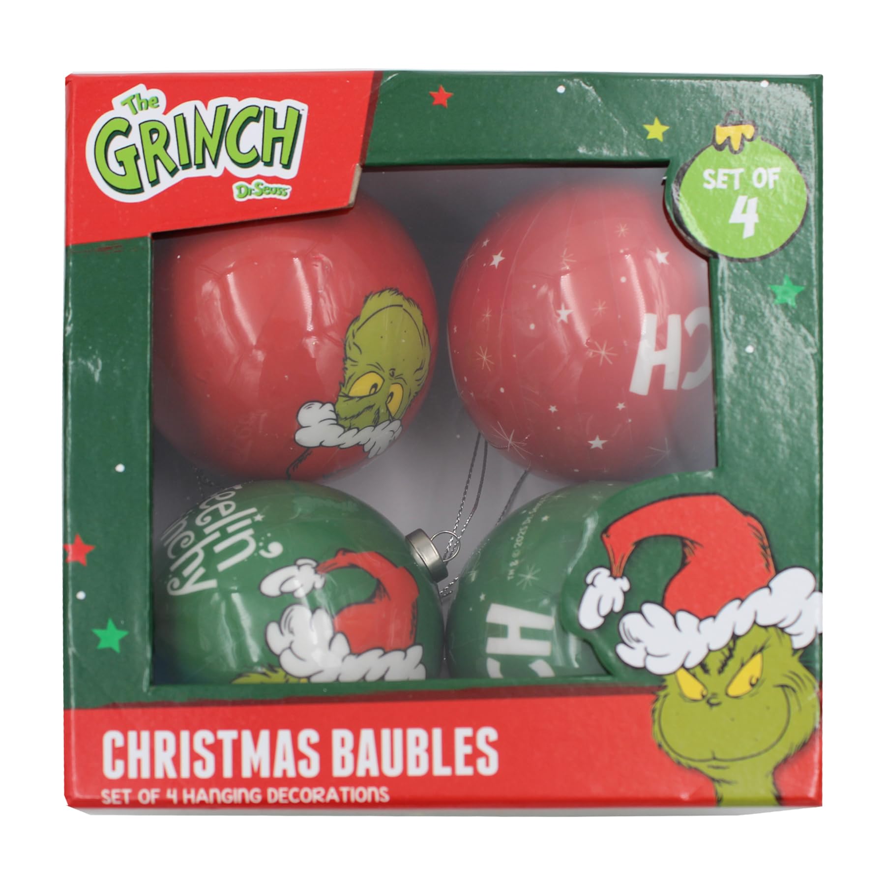 Pms Multicolor Grinch Christmas Bauble Tree Decoration 9Cm Hanging Ornament - Set Of Four