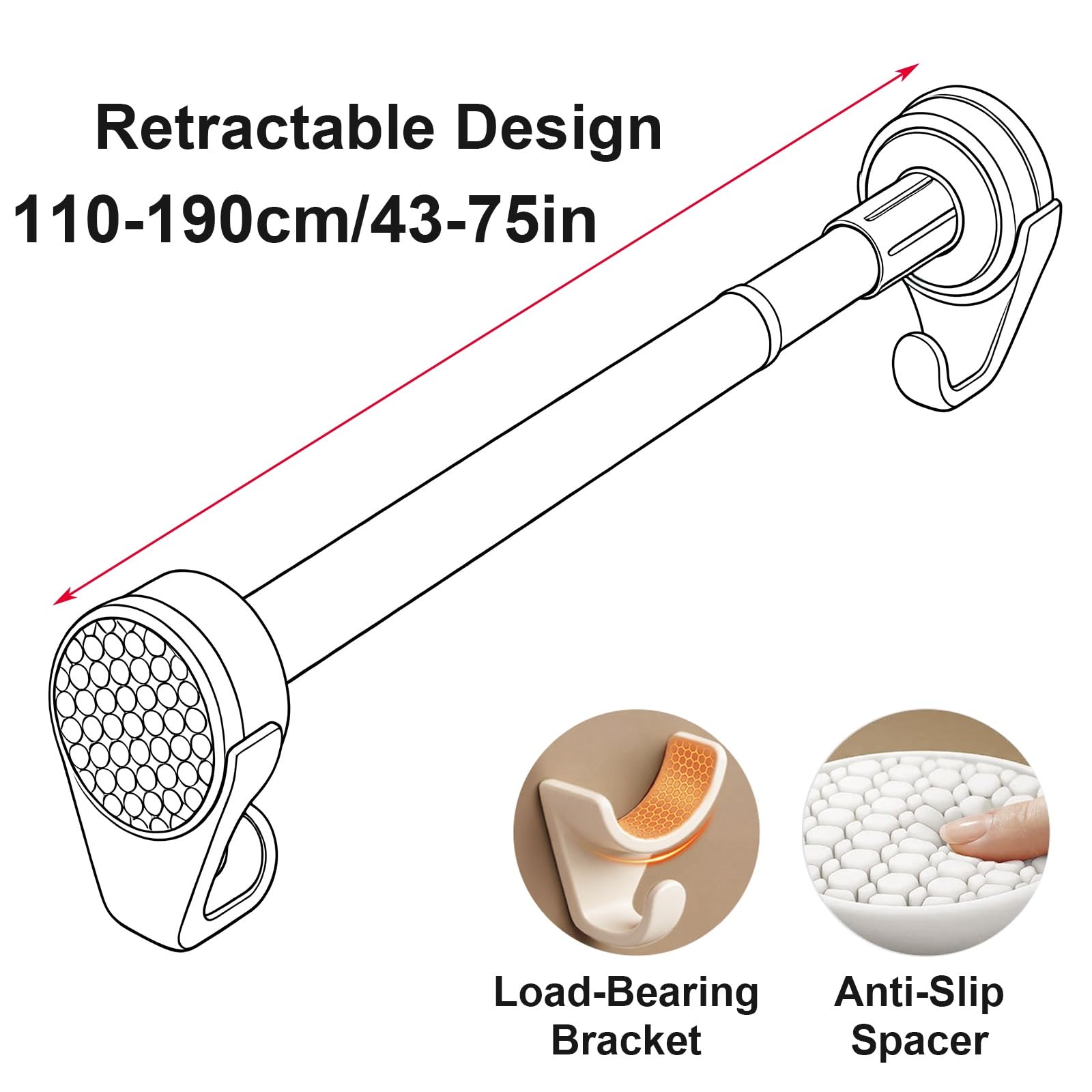 Gardinenstange Ohne Bohren aus Edelstahl, Bohrfrei, Robust und Verstellbar, Spannstange für Kleiderschränke, Garderobenständer, Badezimmer und Raumteiler(Gray,110-190cm/43-75in)
