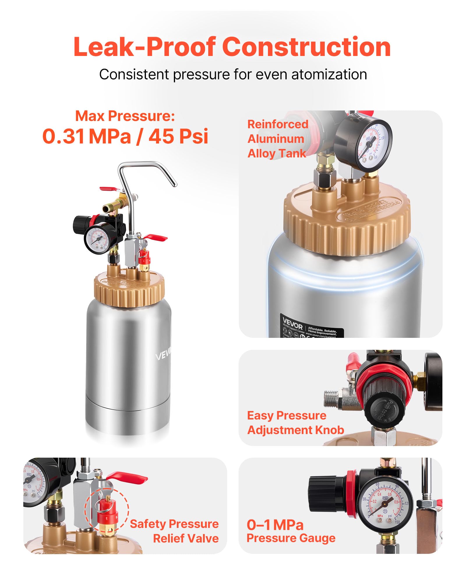 VEVOR Tanque de Presión para Pintura en Aerosol, 2 L, con 2 Pistolas de Pulverización φ1,8 mm + φ3 mm y 2 Mangueras 3 m para Proyectos de Bricolaje y Creación de Arte, 385 x 126 x 126 mm, Plata