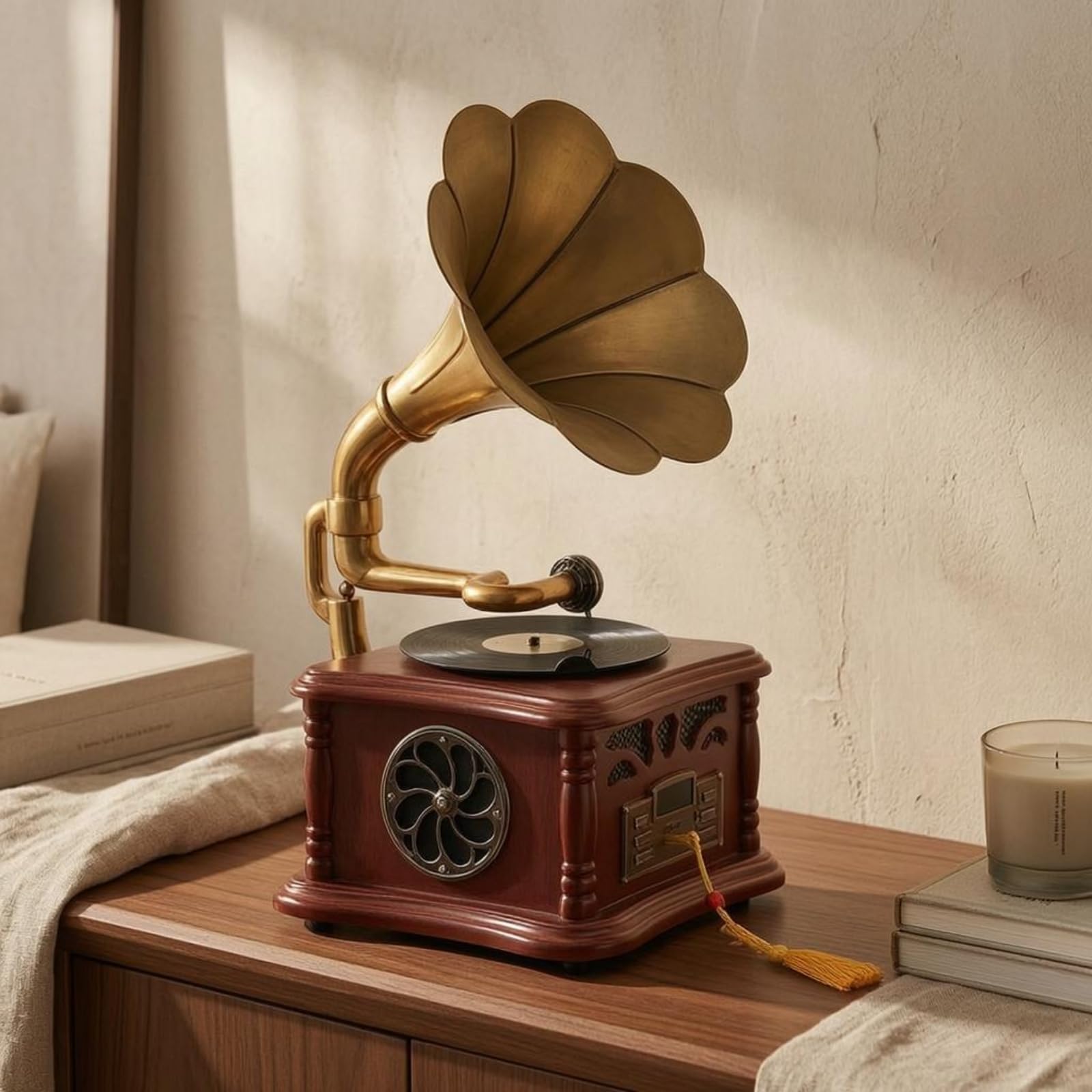 Altoparlante a Tromba Bluetooth Altoparlante Stile Giradischi Ornato Elettronica Domestica per Ascolto in Casa, Esposizione Interna, Bianco