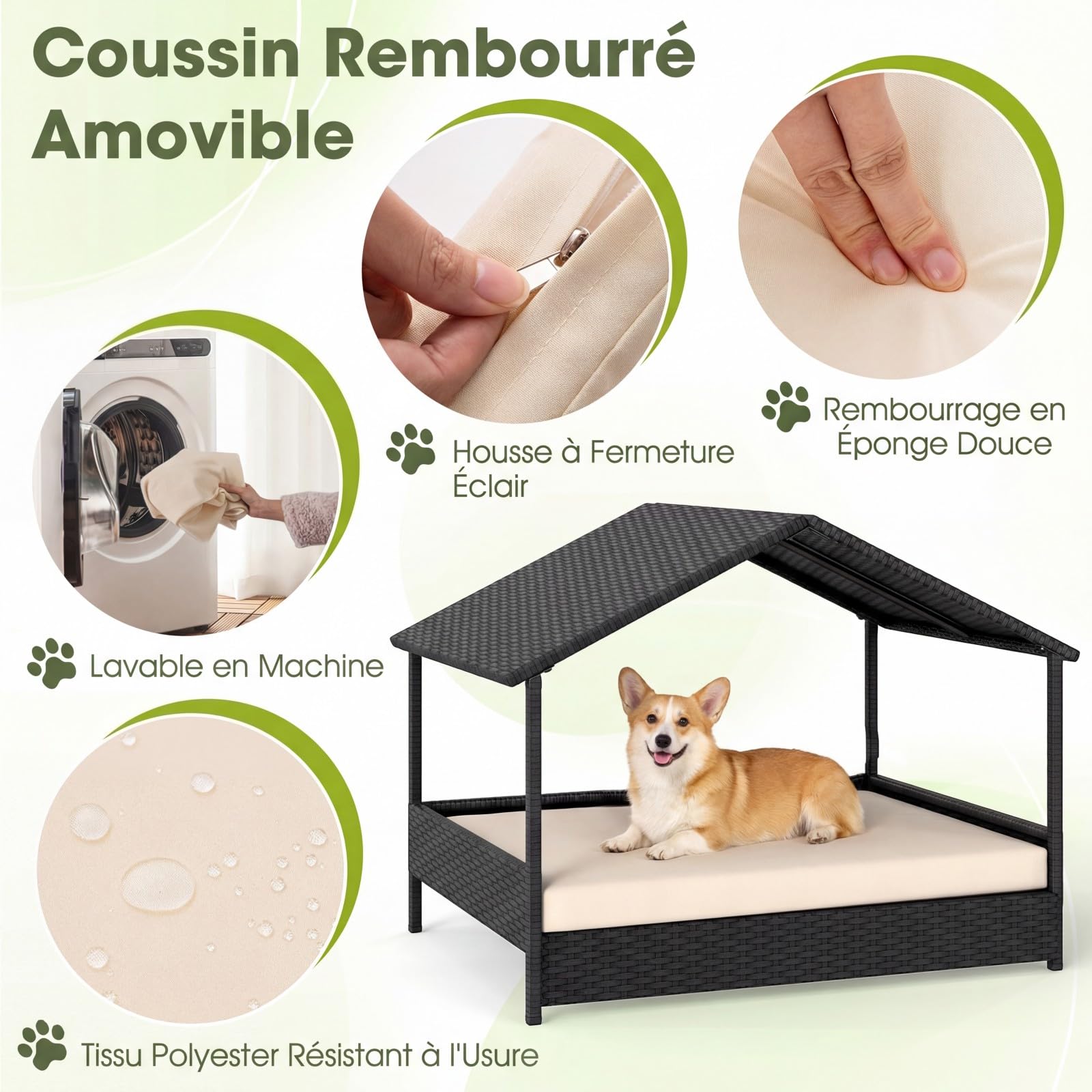 COSTWAY Niche pour Chien Exterieur Interieur en Rotin PE, Coussin Amovible, Charge 60 kg, Chenil pour Chien Exterieur, Cadre en Métal, Base Surélevé, pour Petits&Moyens, 98 x 69 x 74 cm (Beige)