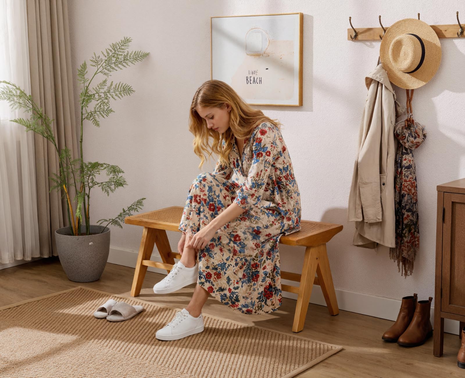 chairus Ottomane Esszimmerbank aus Geflochtenen Rattan mit Massivholzbeinen Küchenbank im Landhaus-Stil Schlafzimmer Eingang Sitzbank (Gelb)