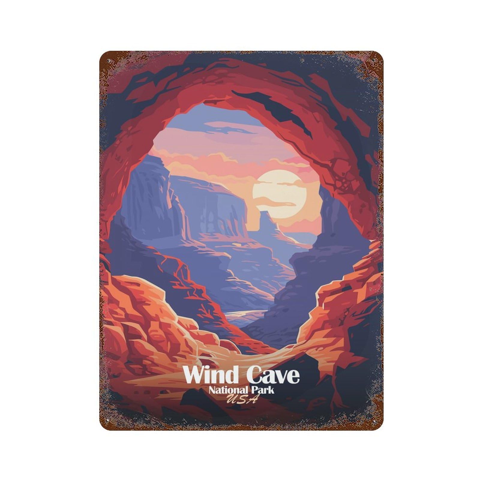 Weathered Tin Sign with Wind Cave National Park Illustration Design 15.7"x11.8", for Shed, Workshop And Garage Wall Decor, Decorative Metal Wall Art