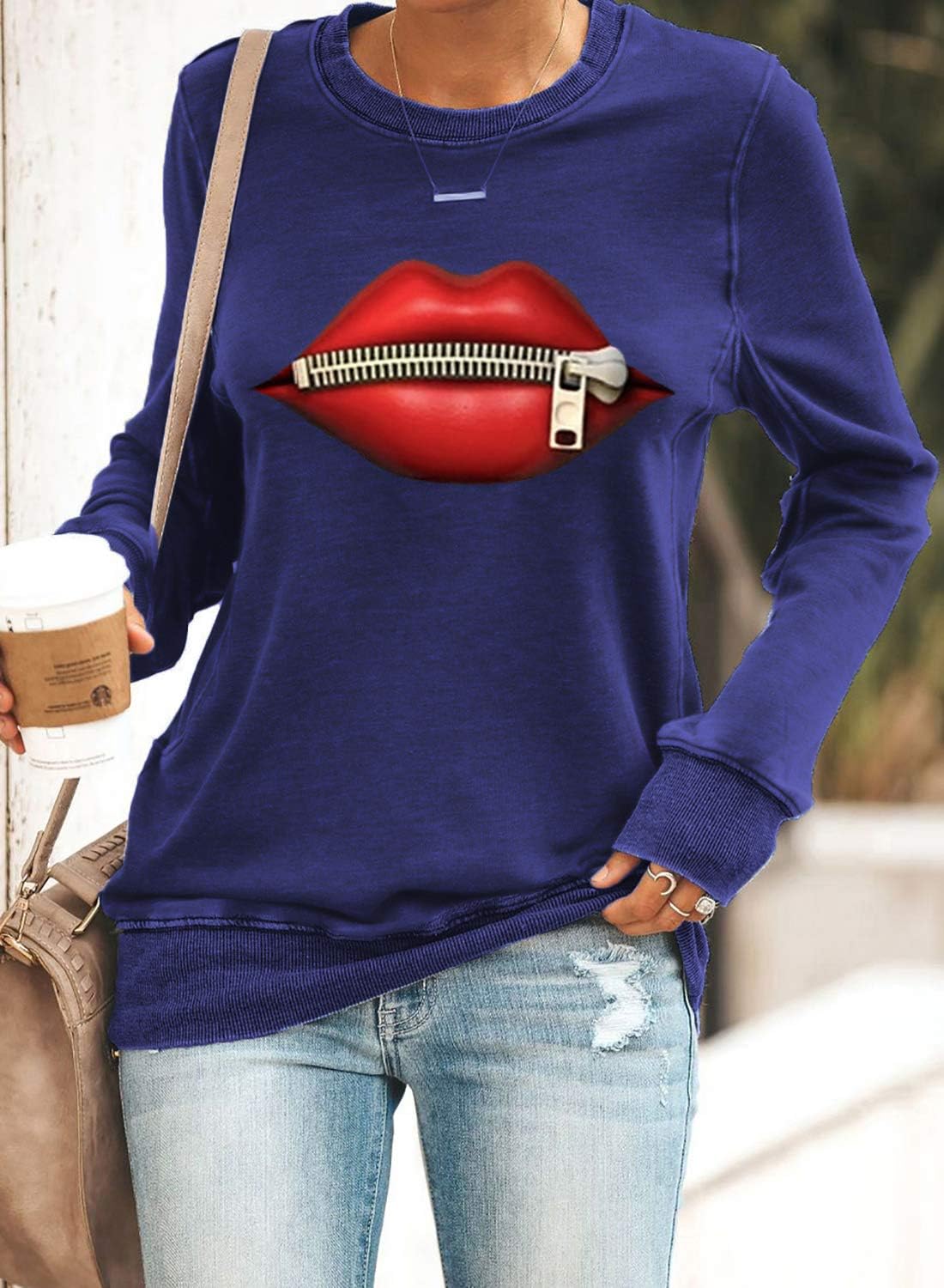 HOTAPEI レディース プリント パッチワーク クルーネック 長袖 スウェットシャツ カジュアル ゆったり プルオーバー トップ