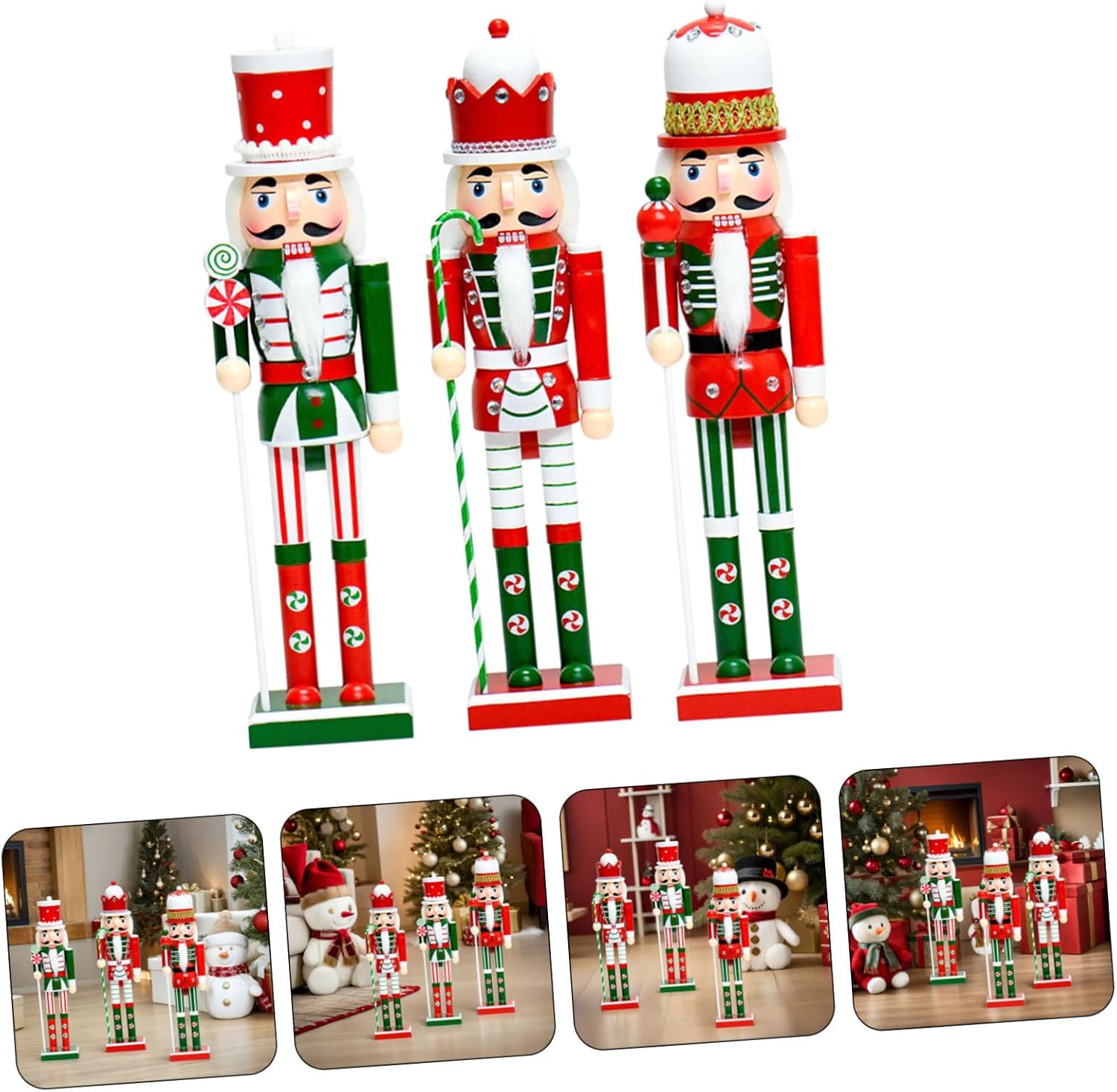 SUNCN 3個クリスマス胡桃割り人形飾り 木製兵士フィギュア キャンディモチーフのチュア装飾 クリスマステーブルセンターピース パ