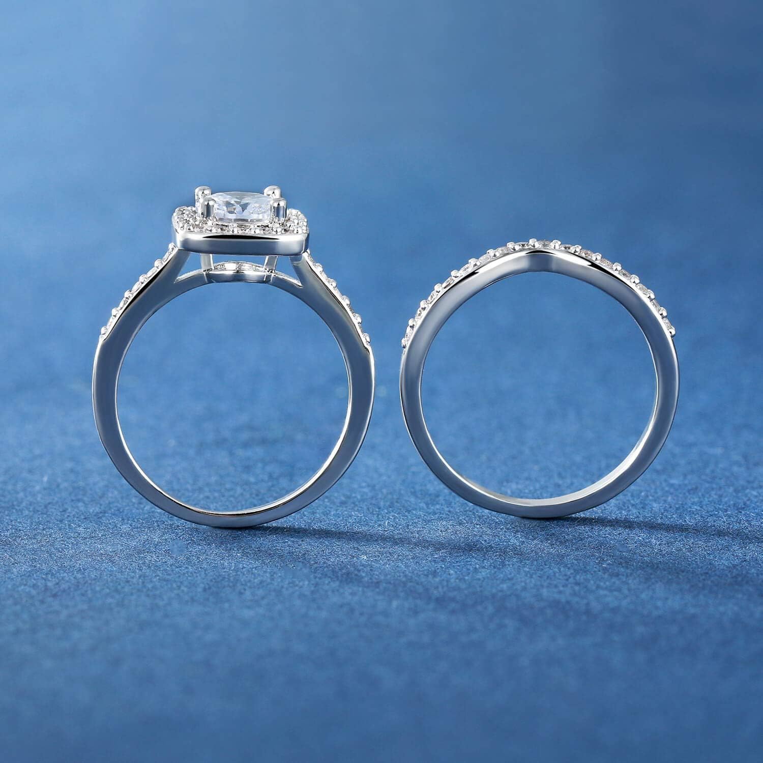 MDFUN 18K White Gold Plated Cubic Zirconia Two-in-One Halo Wedding Engagement Promise Eternity Ring for Women - Image 5