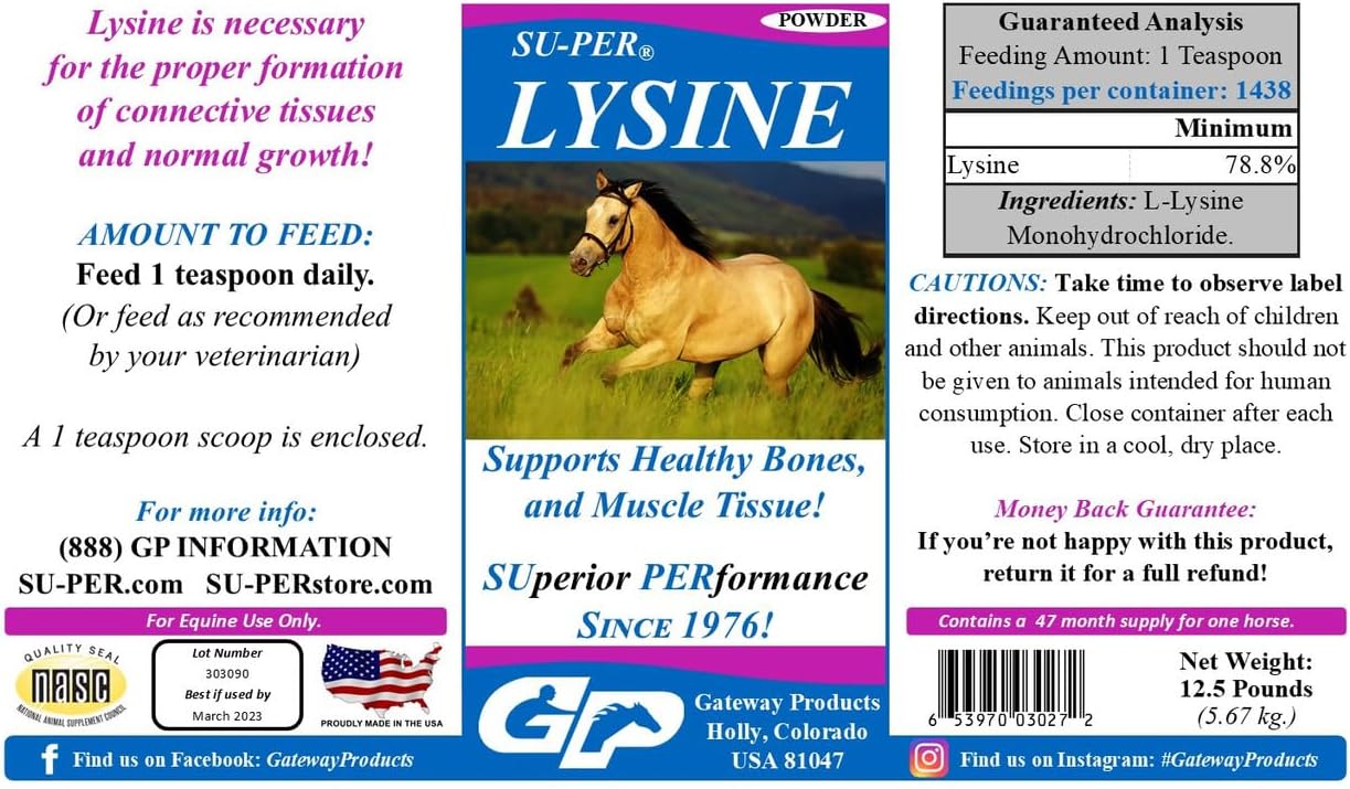 SU-PER Lysine Supplement for Horses - Supports Healthy Bones & Muscle Tissues - Equine Essential Amino Acid - 12.5 Pound, 47 Month Supply