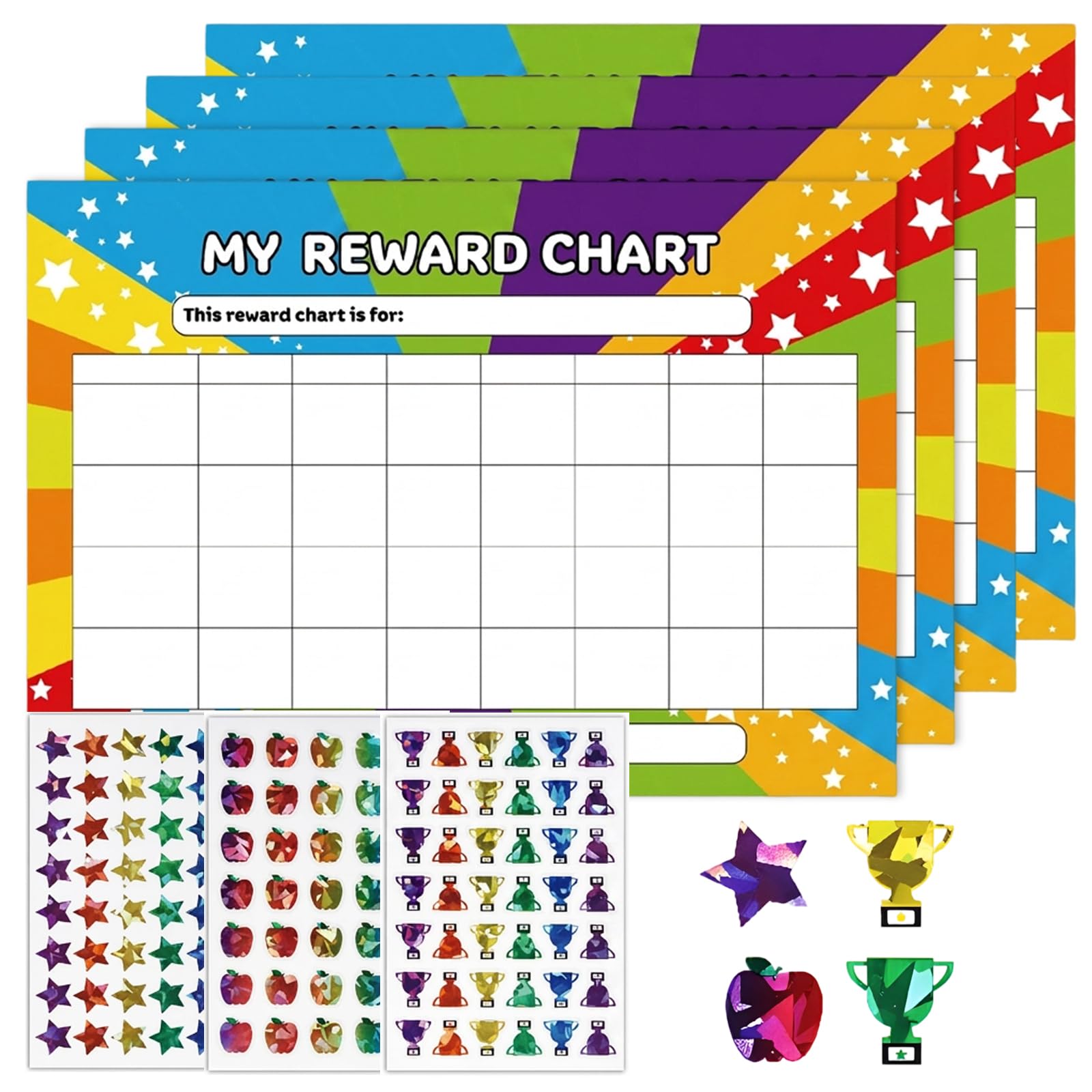 4 PCS Reward Chart, Sticker Chart for Behaviour Tracking, Star Chart System with 4 Cards and 3 Sticker Sheets, Ideal for Routine Management and Motivation Enhancement