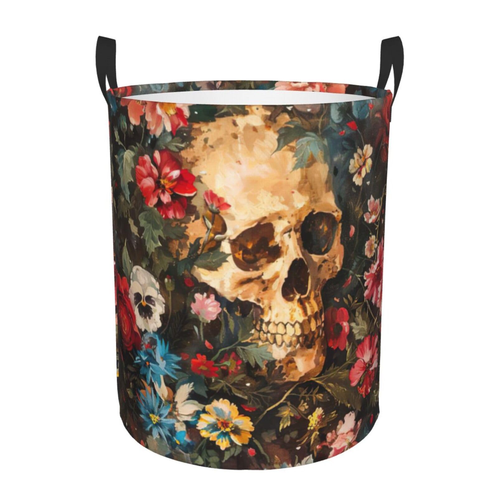 S Collapsible Laundry Hamper Round Floral Skull Print Storage