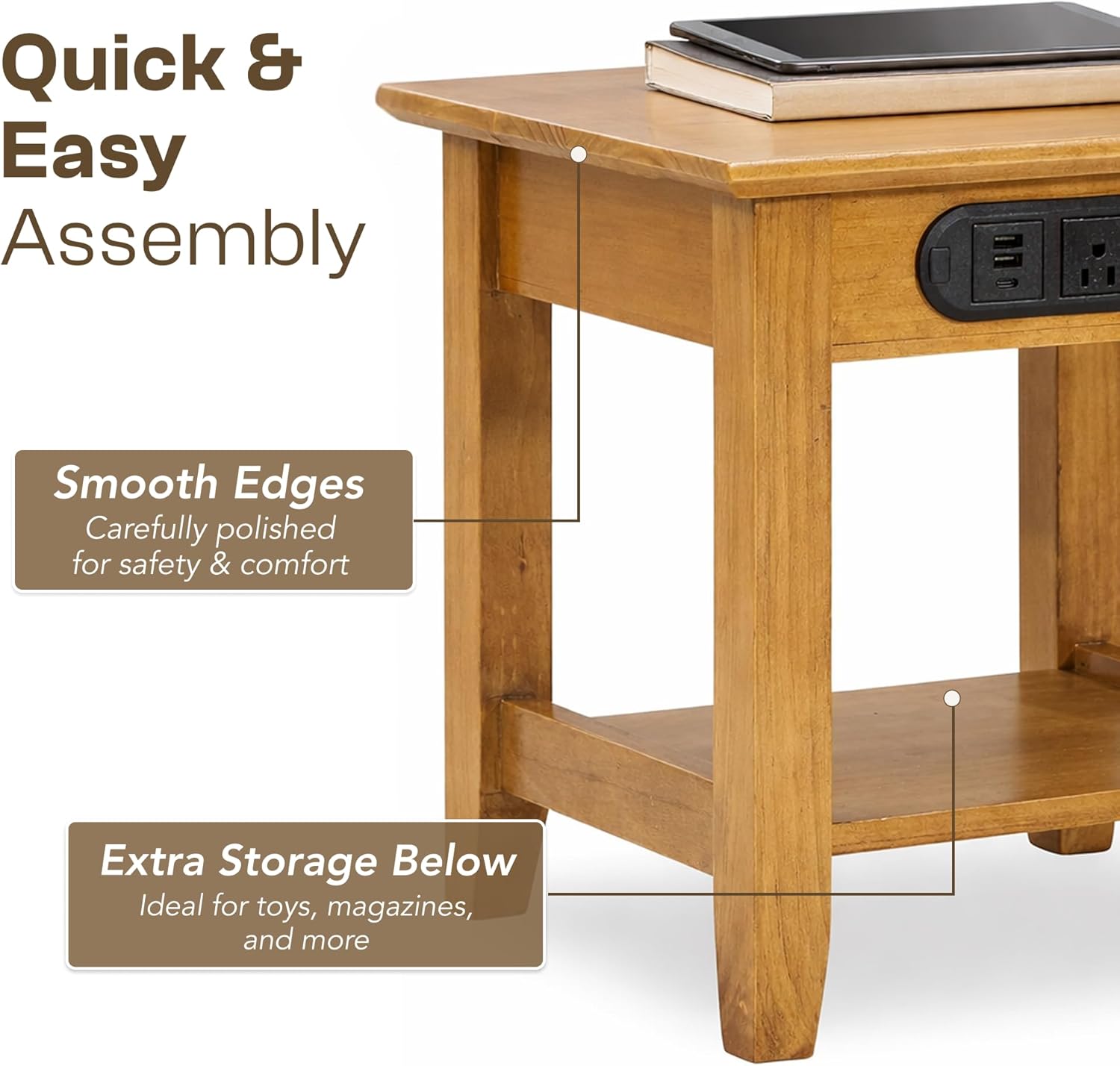 KAWIND Home Light Walnut Solid Wood End Table with Charging Station Compact Side Table with 2 USB Ports & 2 AC Outlets Ideal for Living Rooms & Bedroom Light Assembly