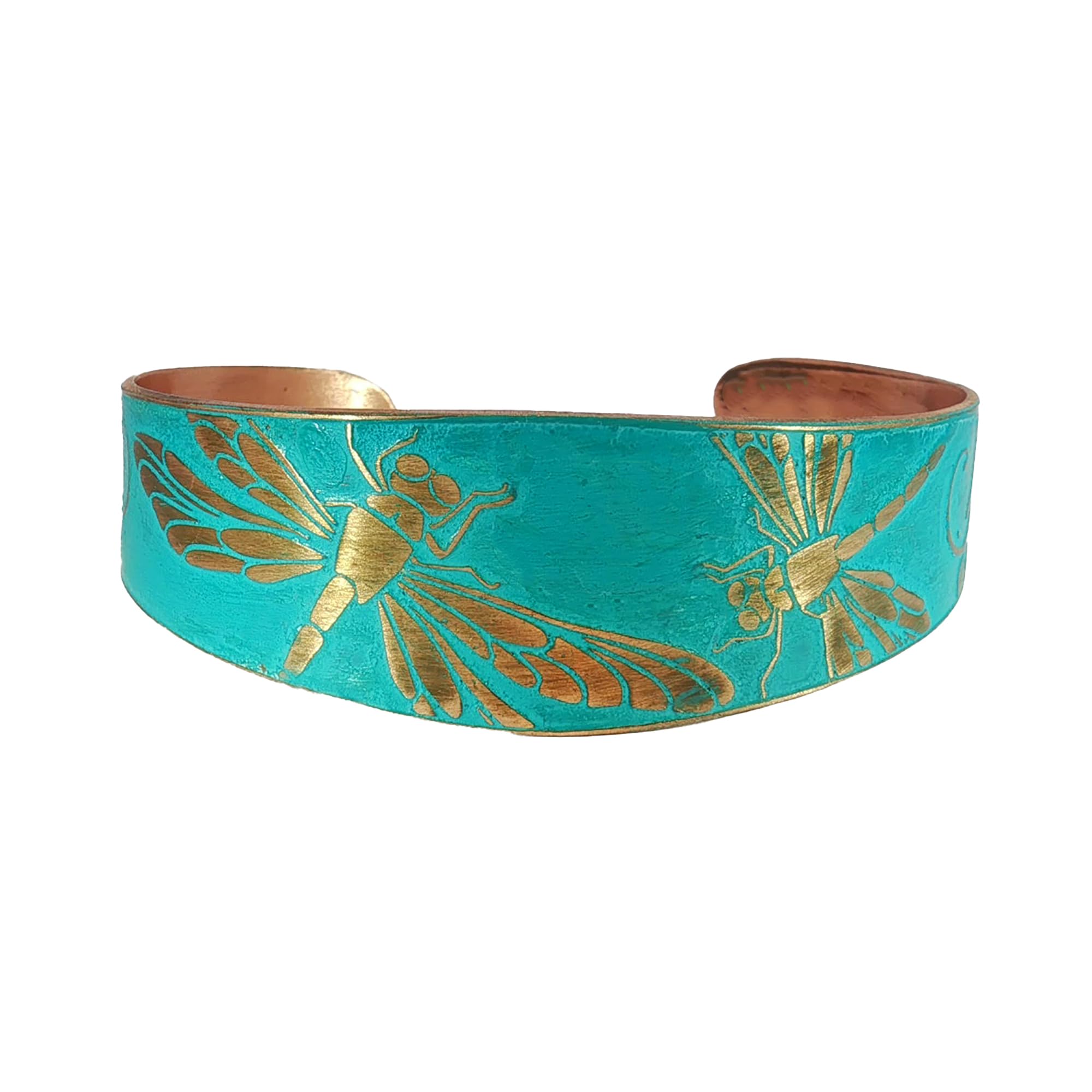 Handmade Solid Copper Tapered Cuff Bracelet With Etched Dragonfly Motif, Rustic Verdigris Patina